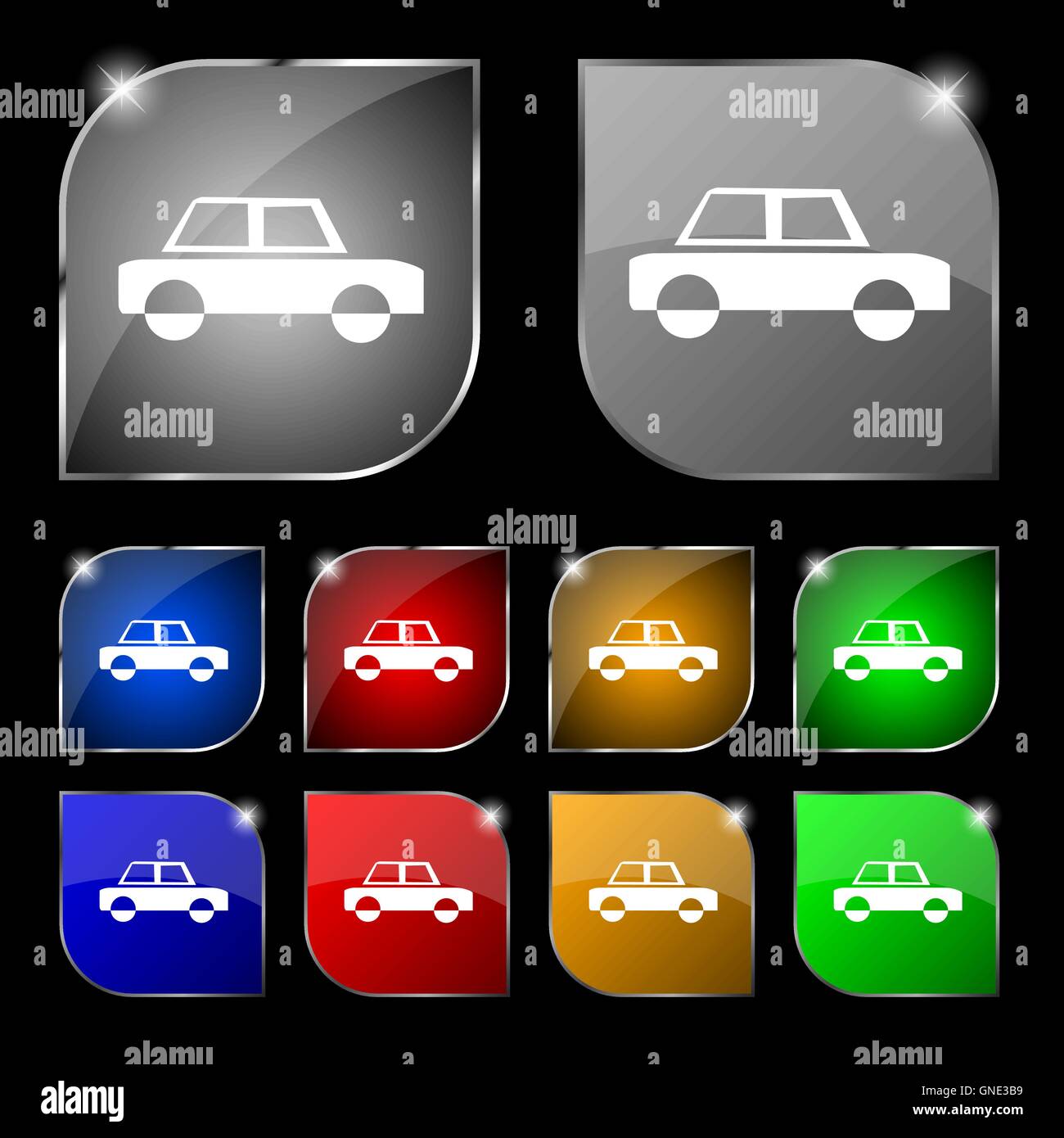 Car Icona segno. Set di dieci pulsanti colorati con abbagliamento. Vettore Illustrazione Vettoriale