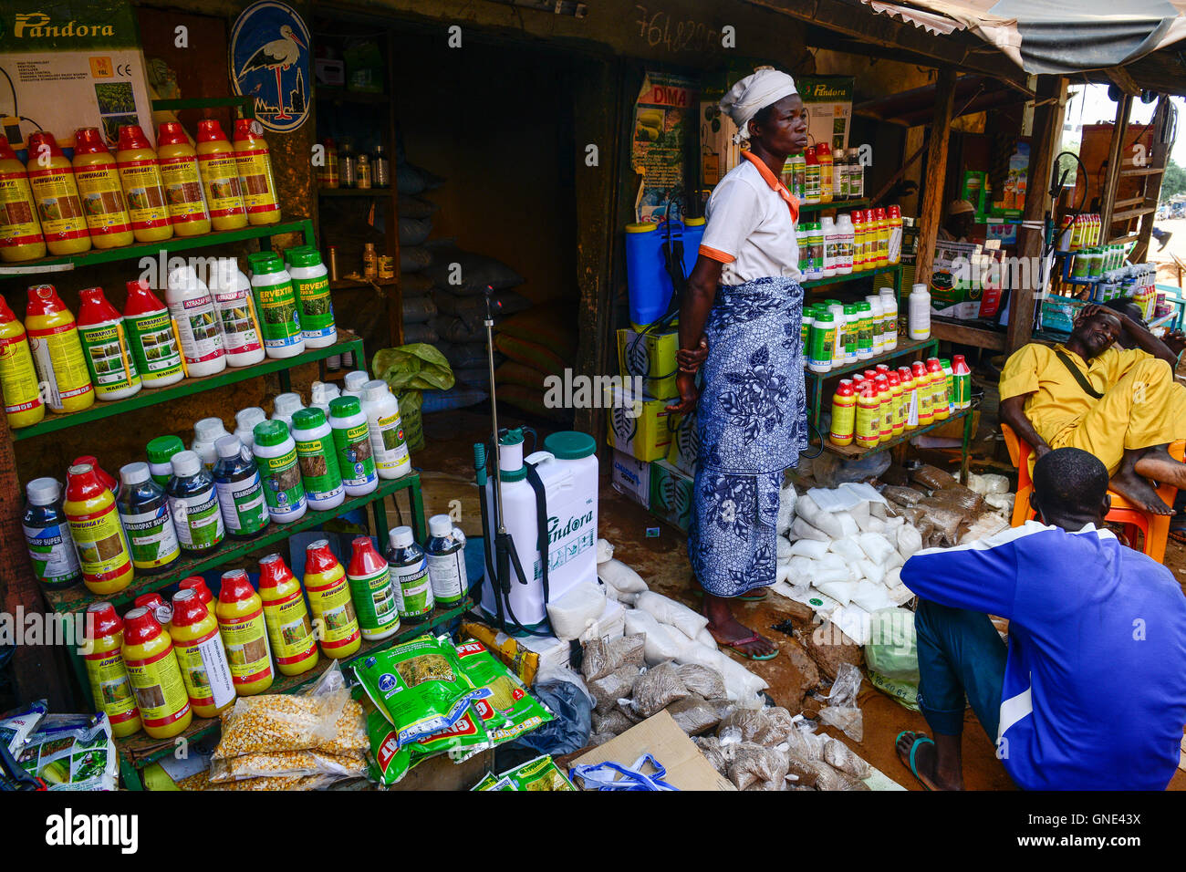 Il Burkina Faso, Gaoua, mercato, vendita di pesticidi, fertilizzanti, semi / Marktstand mit Pestiziden, Herbiziden, Dünger, Saatgut Foto Stock
