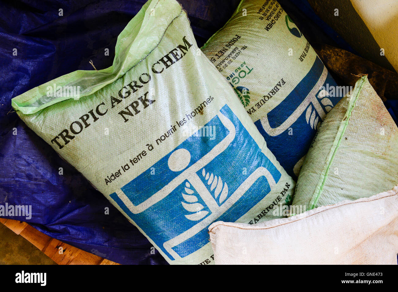 Il Burkina Faso, Dano, agricoltore Kooperative COPSA-C, NPK fertilizzante urea store / Duenger Lager Foto Stock