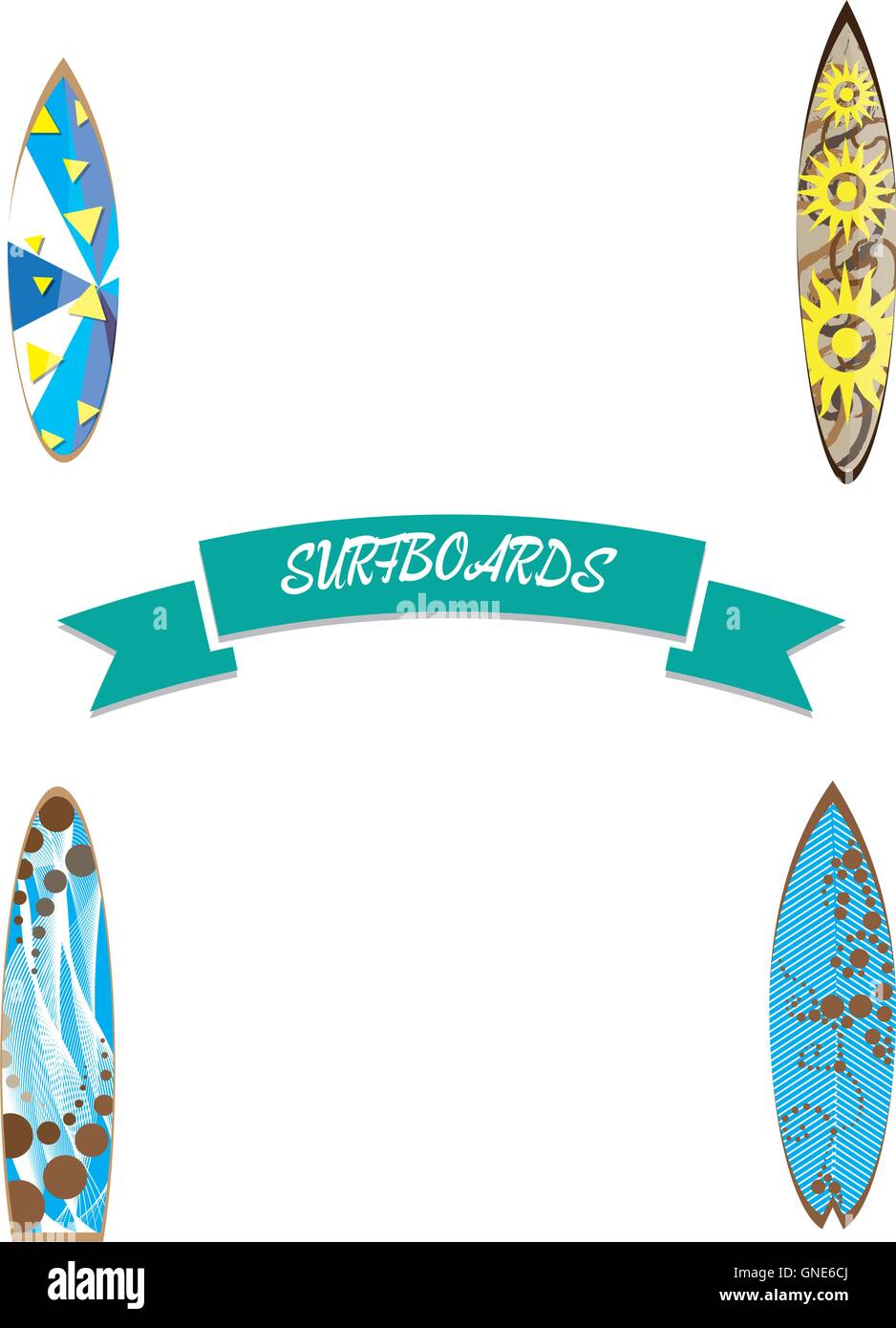 Serie di tavole da surf su sfondo bianco, illustrazione vettoriale Illustrazione Vettoriale