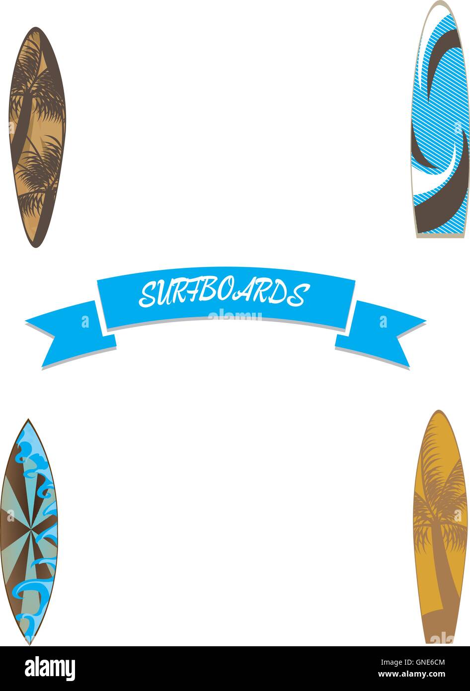 Serie di tavole da surf su sfondo bianco, illustrazione vettoriale Illustrazione Vettoriale