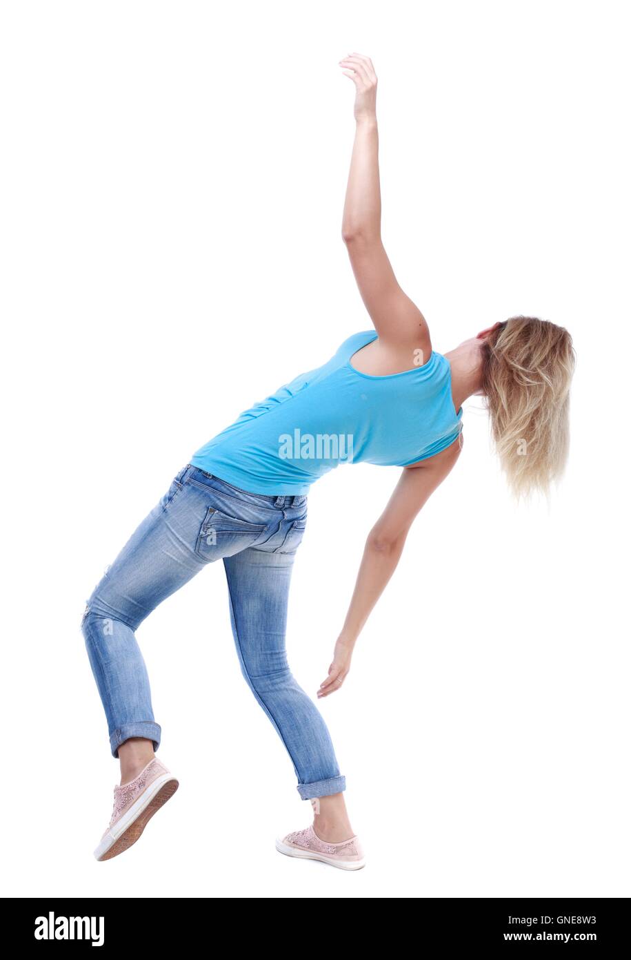 Equilibratura di giovane donna. Foto Stock
