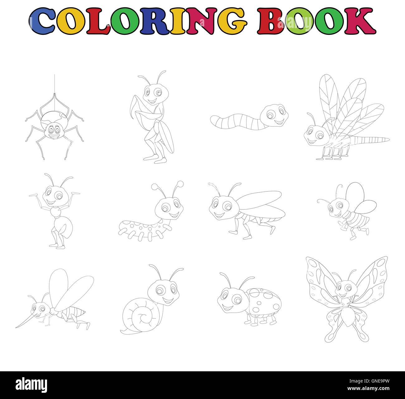 Libro da colorare con una collezione di insetti Illustrazione Vettoriale