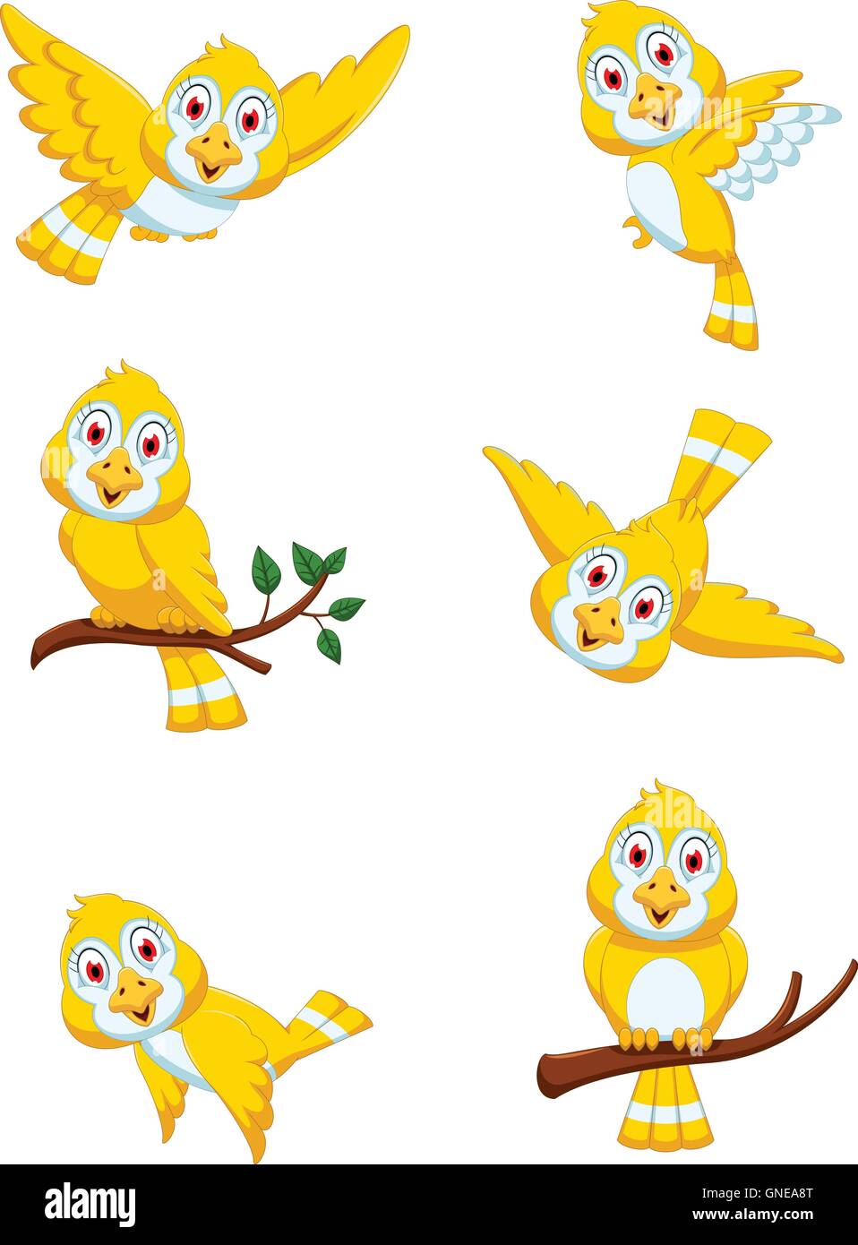 Grazioso uccello giallo cartoon impostato Illustrazione Vettoriale