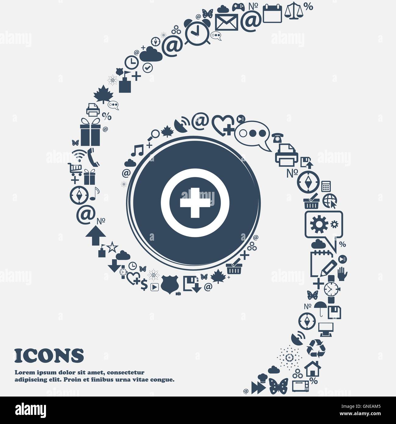 Plus, icona positivo segno nel centro. Intorno tanti bei simboli intrecciati in una spirale. È possibile utilizzare ciascuna separatamente per y Illustrazione Vettoriale