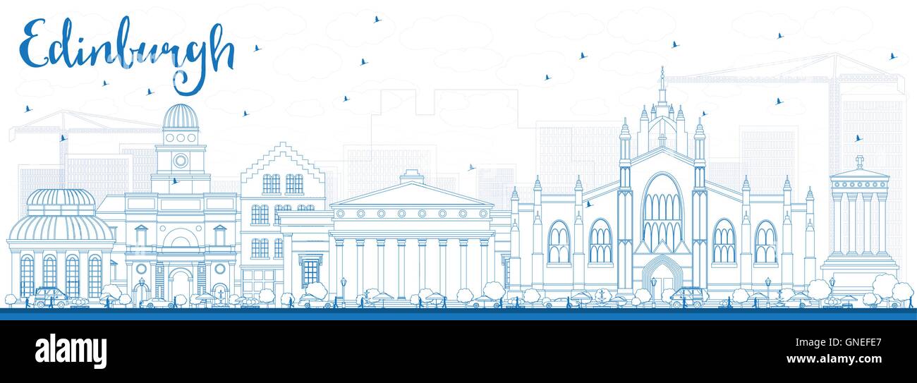 Profilo dello Skyline di Edimburgo con edifici blu. Illustrazione Vettoriale. Viaggi di affari e turismo concetto con edifici storici. Illustrazione Vettoriale