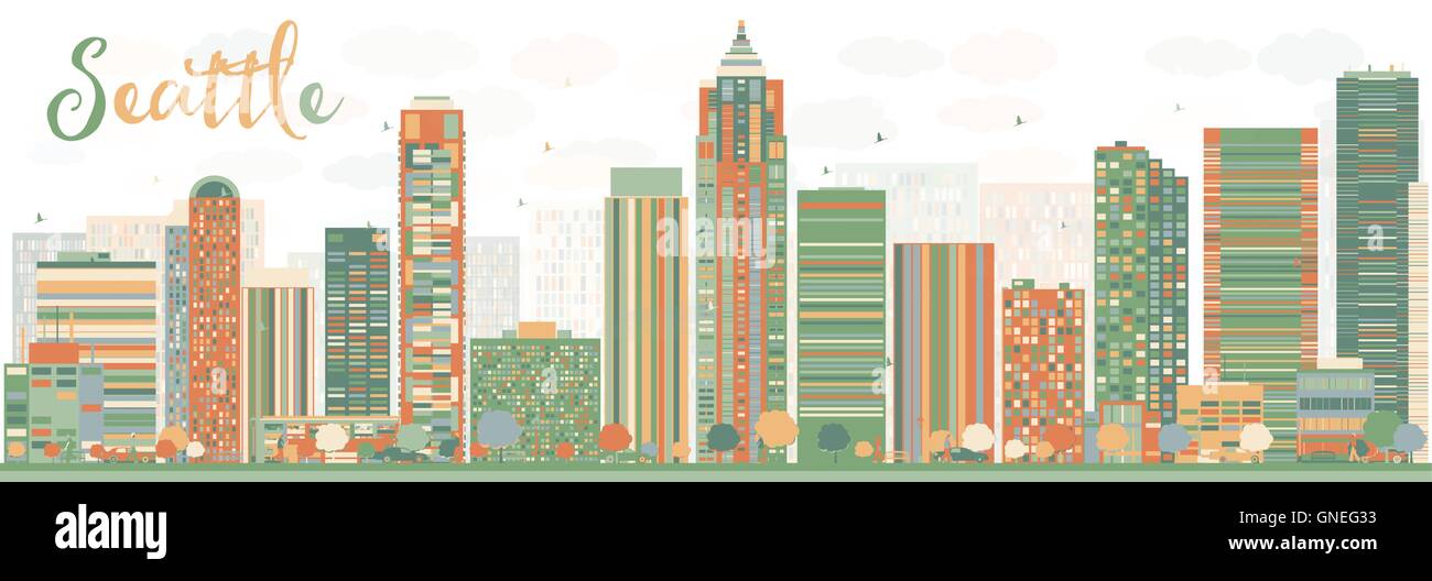 Abstract Seattle skyline della città con edifici di colore. Illustrazione Vettoriale. Viaggi di affari e turismo Concept Illustrazione Vettoriale