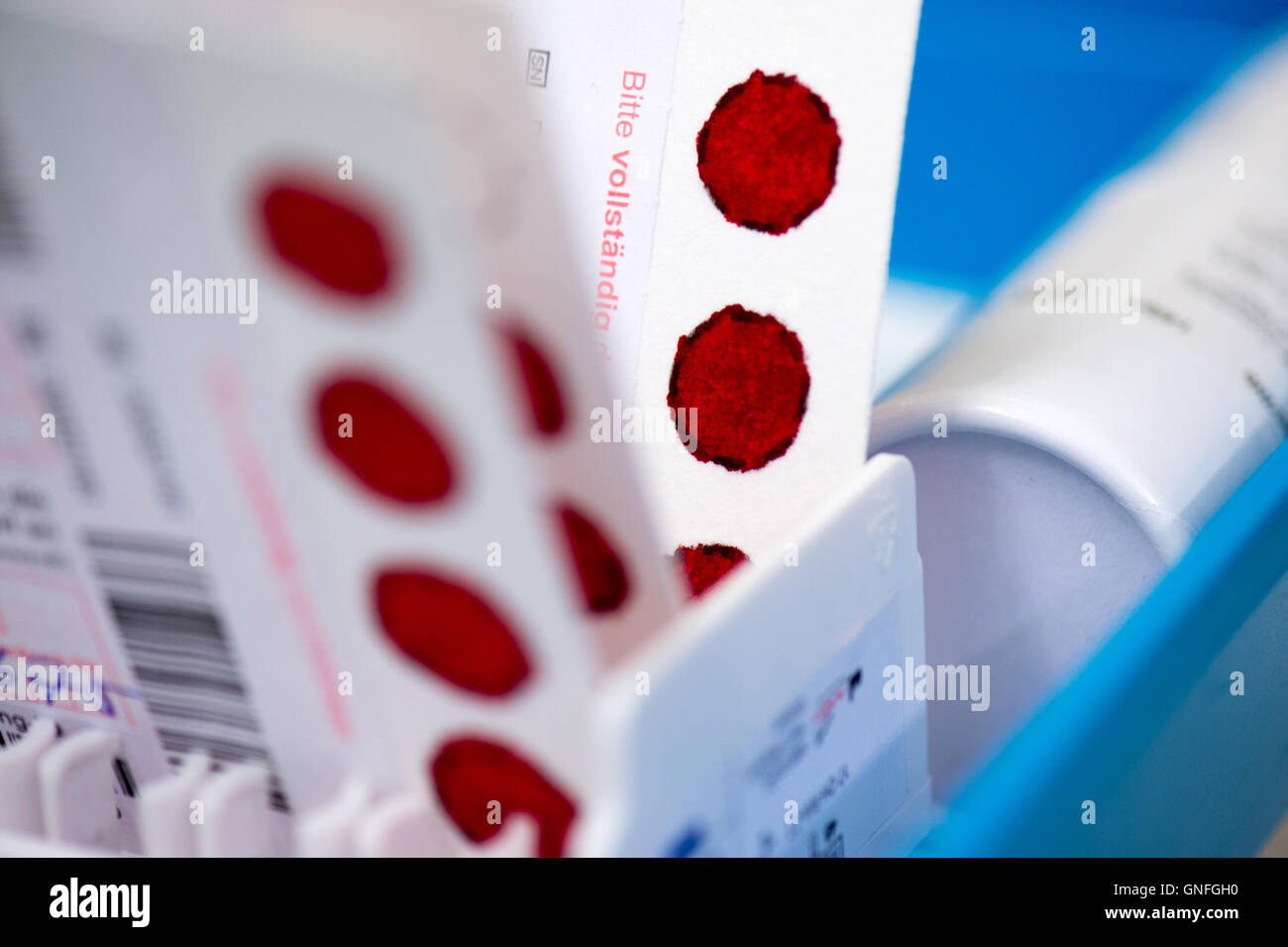 Dresden, Germania. Il 22 agosto, 2016. Numerose schede di file con il sangue dei neonati per una fibrosi cistica stand di screening sulla settimana ward dei figli della donna e del centro dopo il campionamento del sangue dell'ospedale universitario Carl Gustav Carus a Dresda (Germania), 22 agosto 2016. I neonati possono ora essere testati per fibroris cistica su tutto il territorio nazionale. Lo screening per la diagnosi precoce del raro, ereditabile malattia metabolica verrà introdotto il 1 settembre 2016. Foto: Arno Burgi/ZB/dpa/Alamy Live News Foto Stock