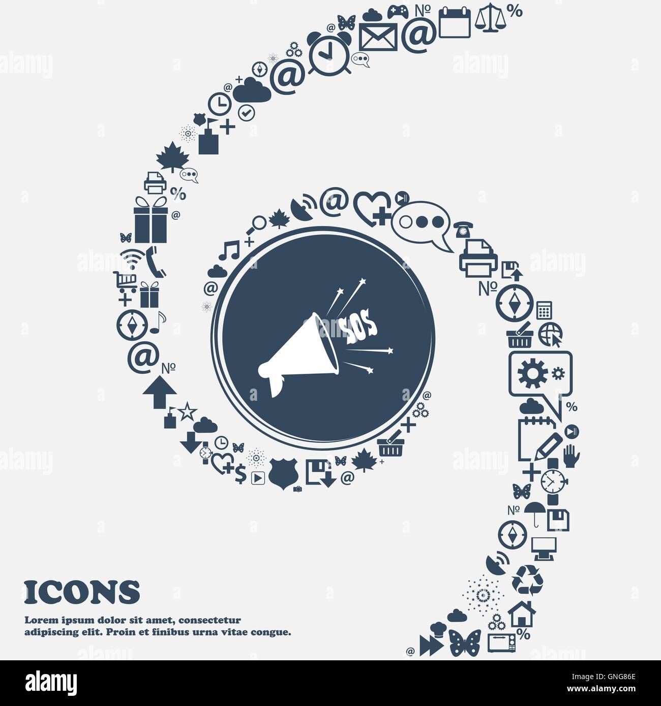 Web sos altoparlante Icona segno nel centro. Intorno tanti bei simboli intrecciati in una spirale. È possibile utilizzare ciascuna separatamente per Illustrazione Vettoriale