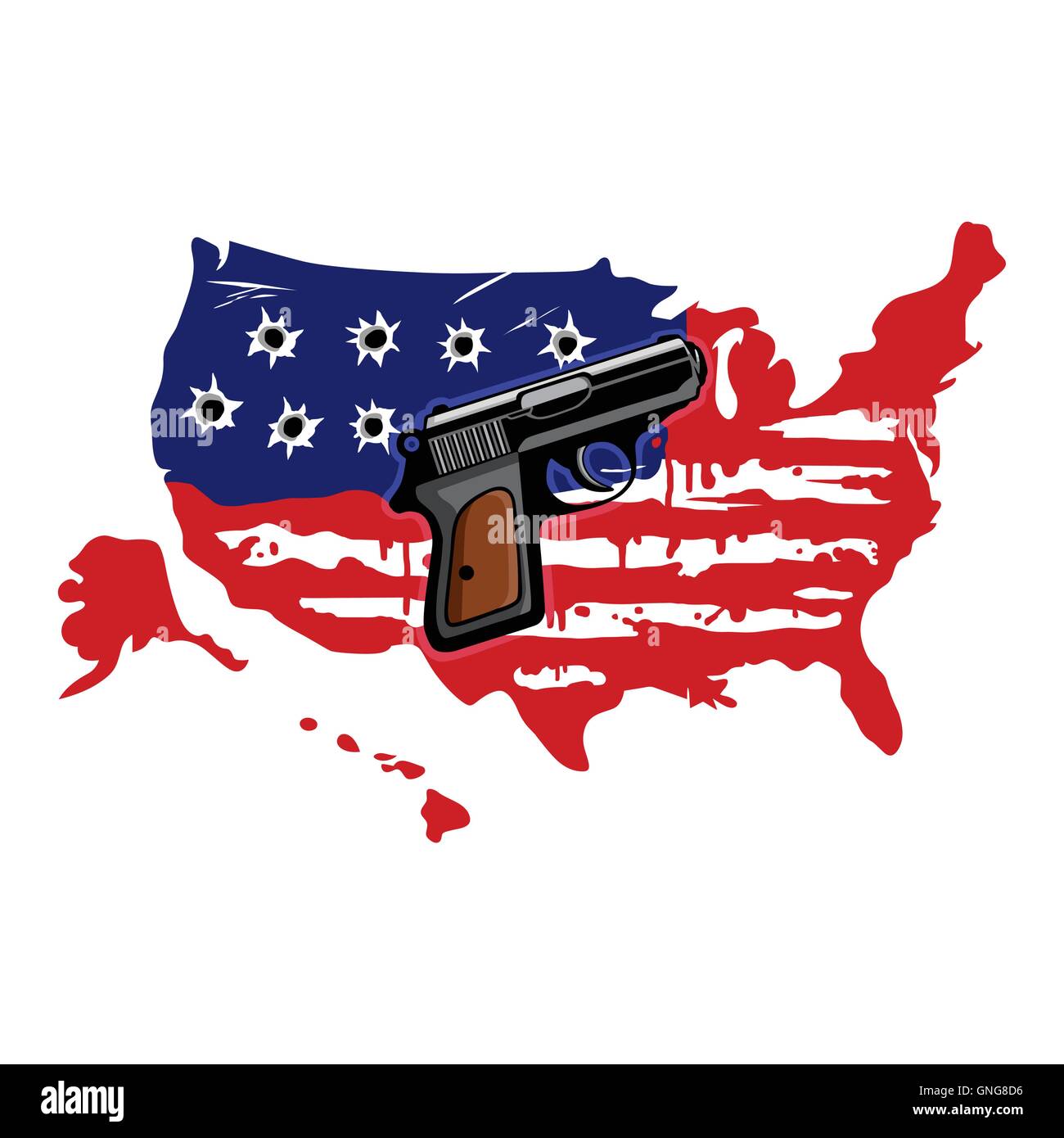 Bandiera americana con fori di proiettile e vettore di pistola Illustrazione Vettoriale