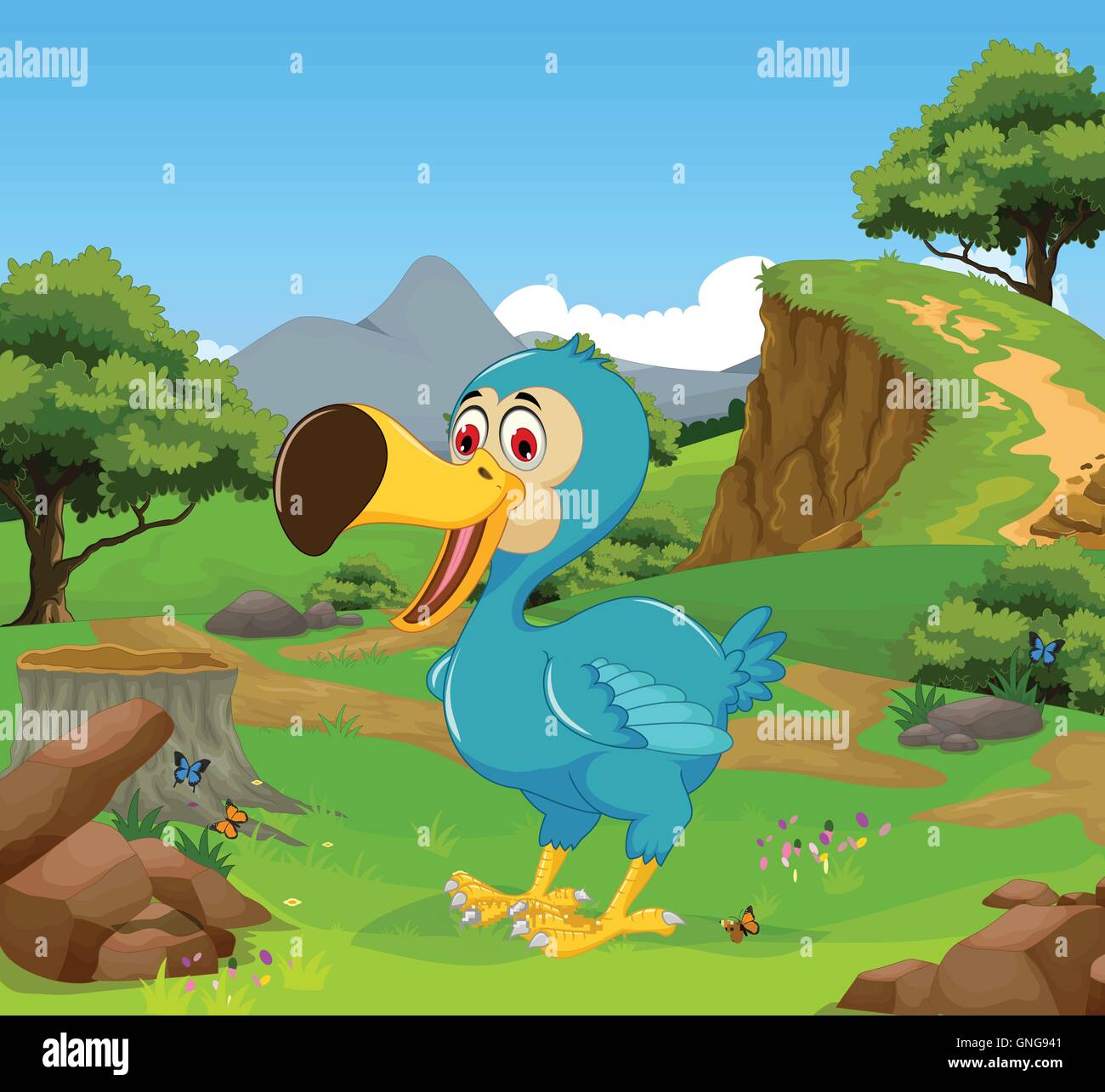 Funny dodo bird cartoon nella giungla con lo sfondo del paesaggio Illustrazione Vettoriale
