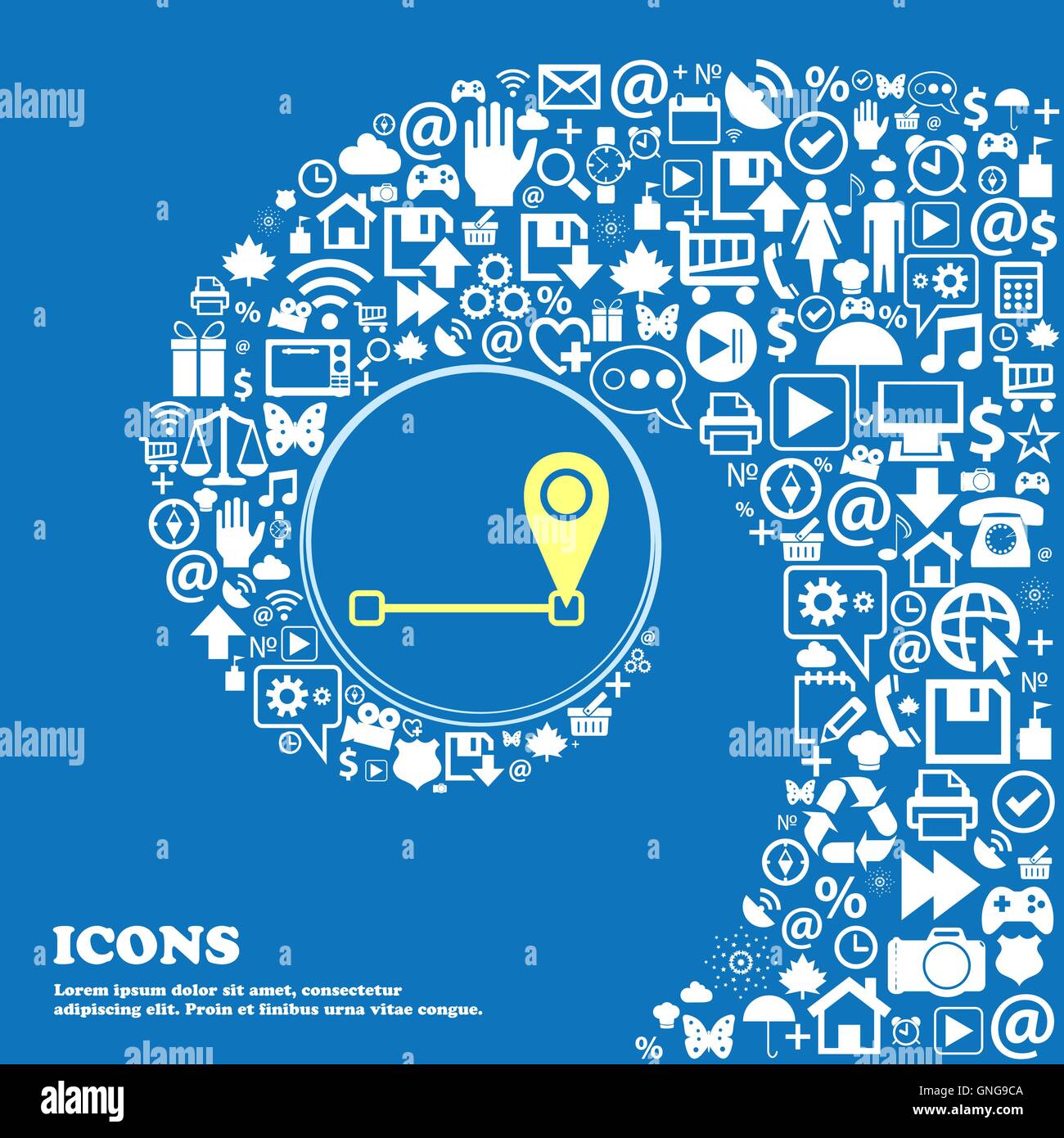 Mappa icona del puntatore segno . Bella serie di belle icone spirale intrecciata nel centro di una grande icona. Vettore Illustrazione Vettoriale