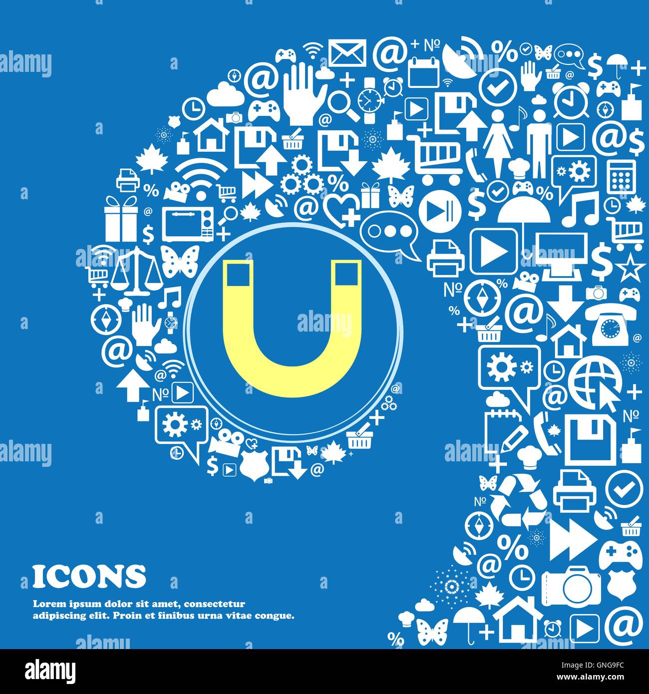 Segno del magnete icona. Il ferro di cavallo è simbolo. Riparare il sig . Bella serie di belle icone spirale intrecciata nel centro di una grande icona Illustrazione Vettoriale