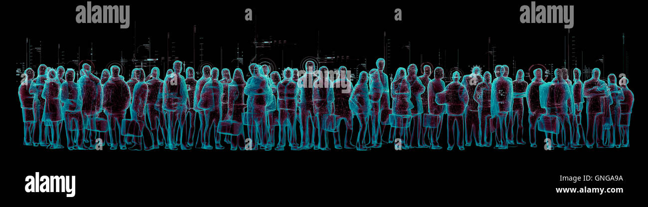 La realtà virtuale folla panorama / 3D illustrazione della simulazione di folla di persone e dati virtuali Foto Stock