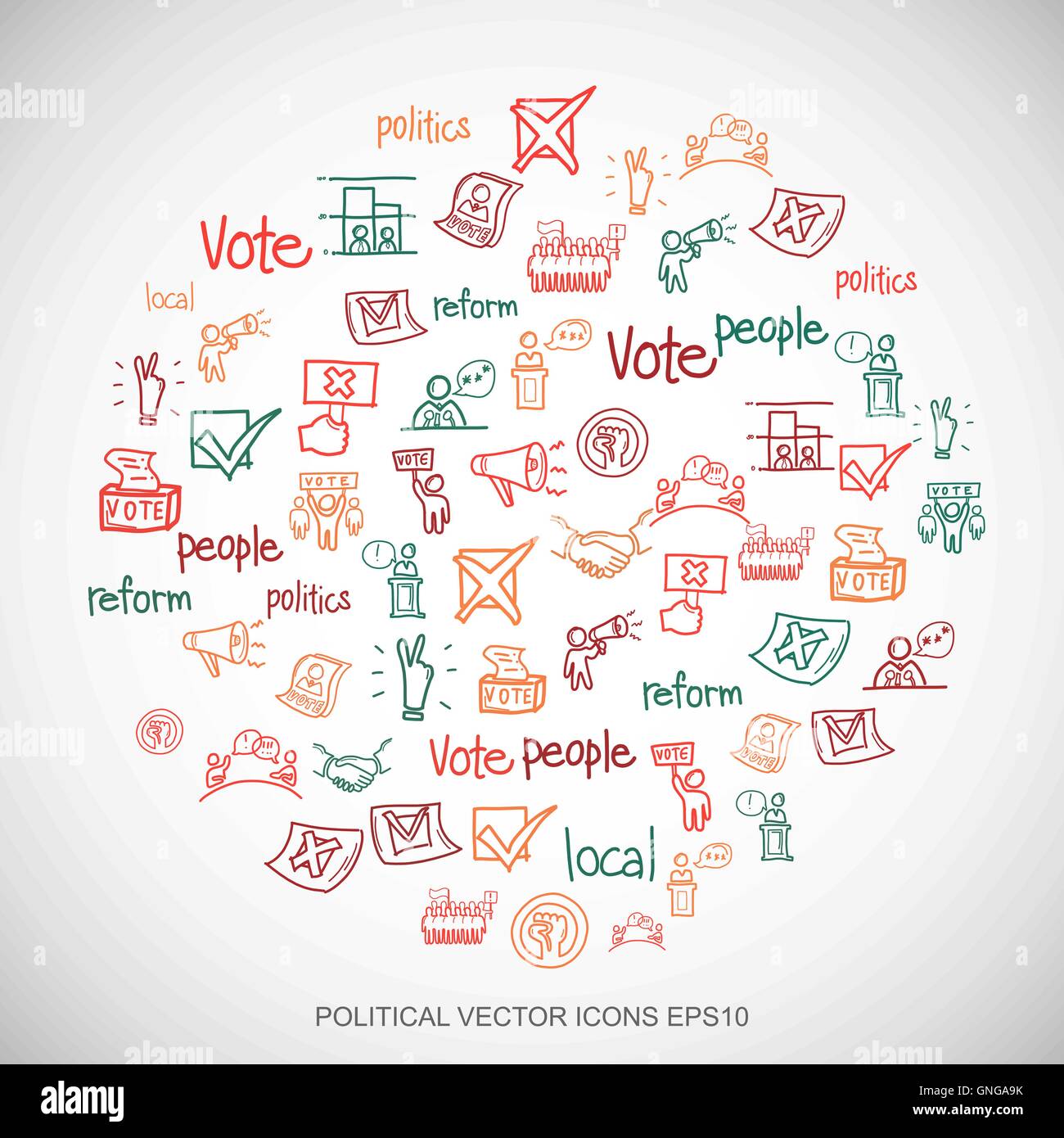 Multicolor scarabocchi disegnati a mano icone politica impostata sul bianco. EPS10 illustrazione vettoriale. Illustrazione Vettoriale