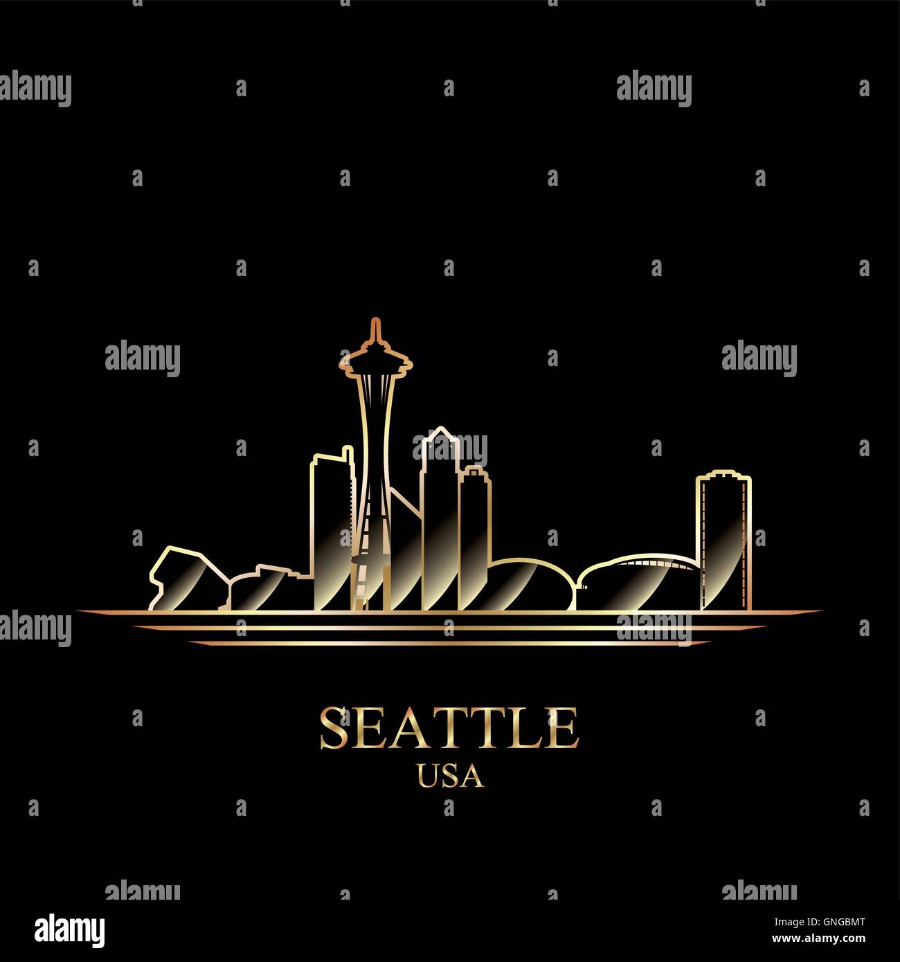 Silhouette di oro di Seattle su sfondo nero Illustrazione Vettoriale