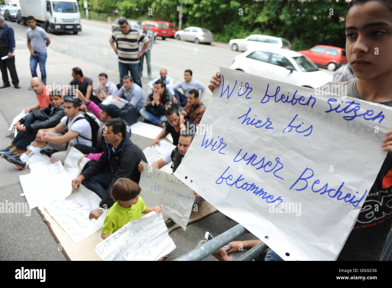 Siro i richiedenti asilo durante il sit-in di sciopero a Monaco di Baviera, 2014 Foto Stock