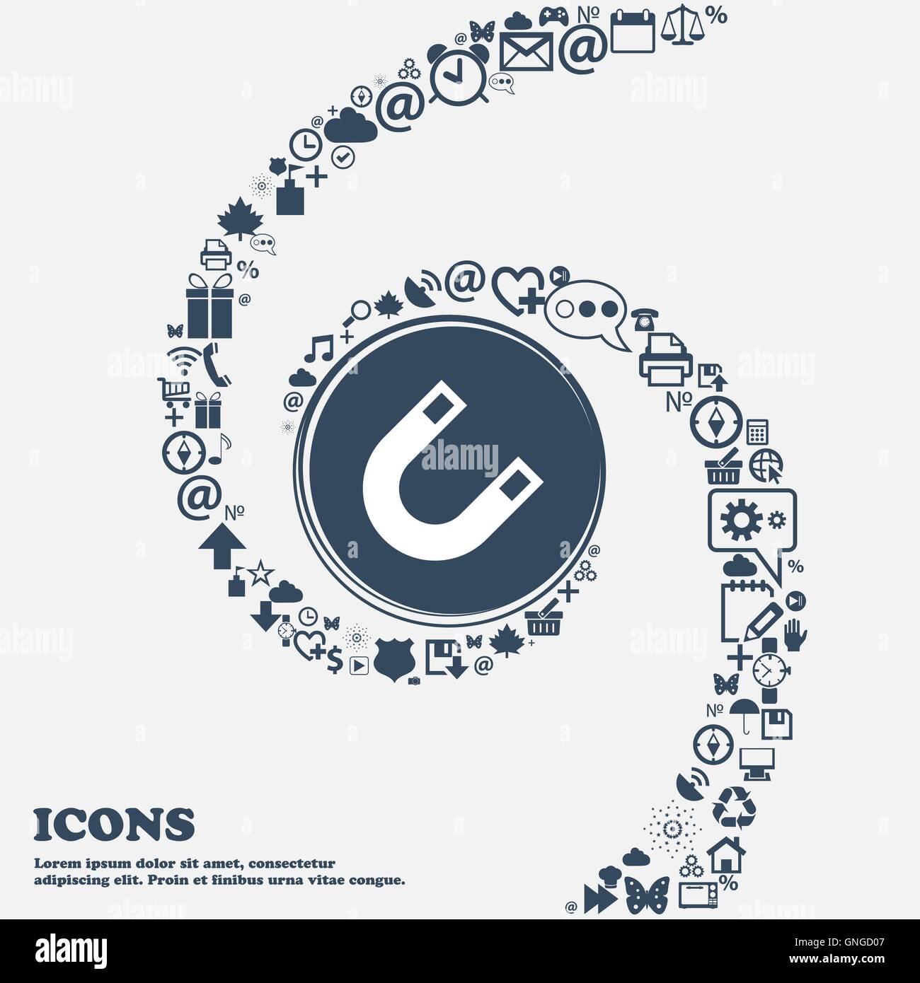 Il magnete a ferro di cavallo segno icona nel centro. Intorno tanti bei simboli intrecciati in una spirale. È possibile utilizzare ciascuna separatamente fo Illustrazione Vettoriale