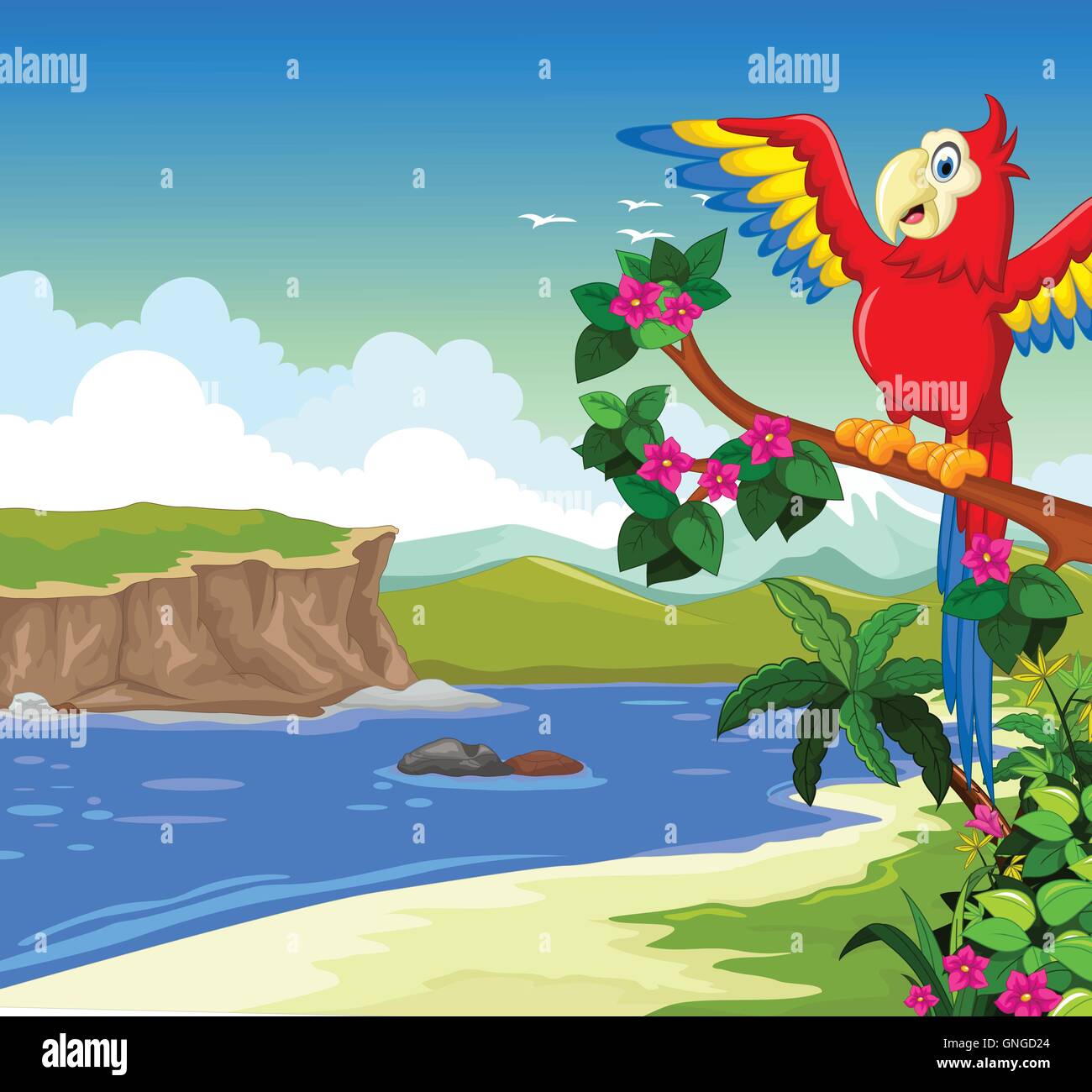 Funny red parrot cartoon su un ramo con lo sfondo del lago Illustrazione Vettoriale