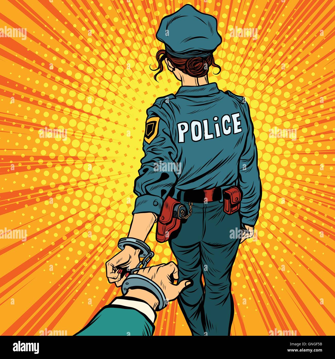 Follow me, una donna funzionario di polizia viene arrestato con la mano Illustrazione Vettoriale