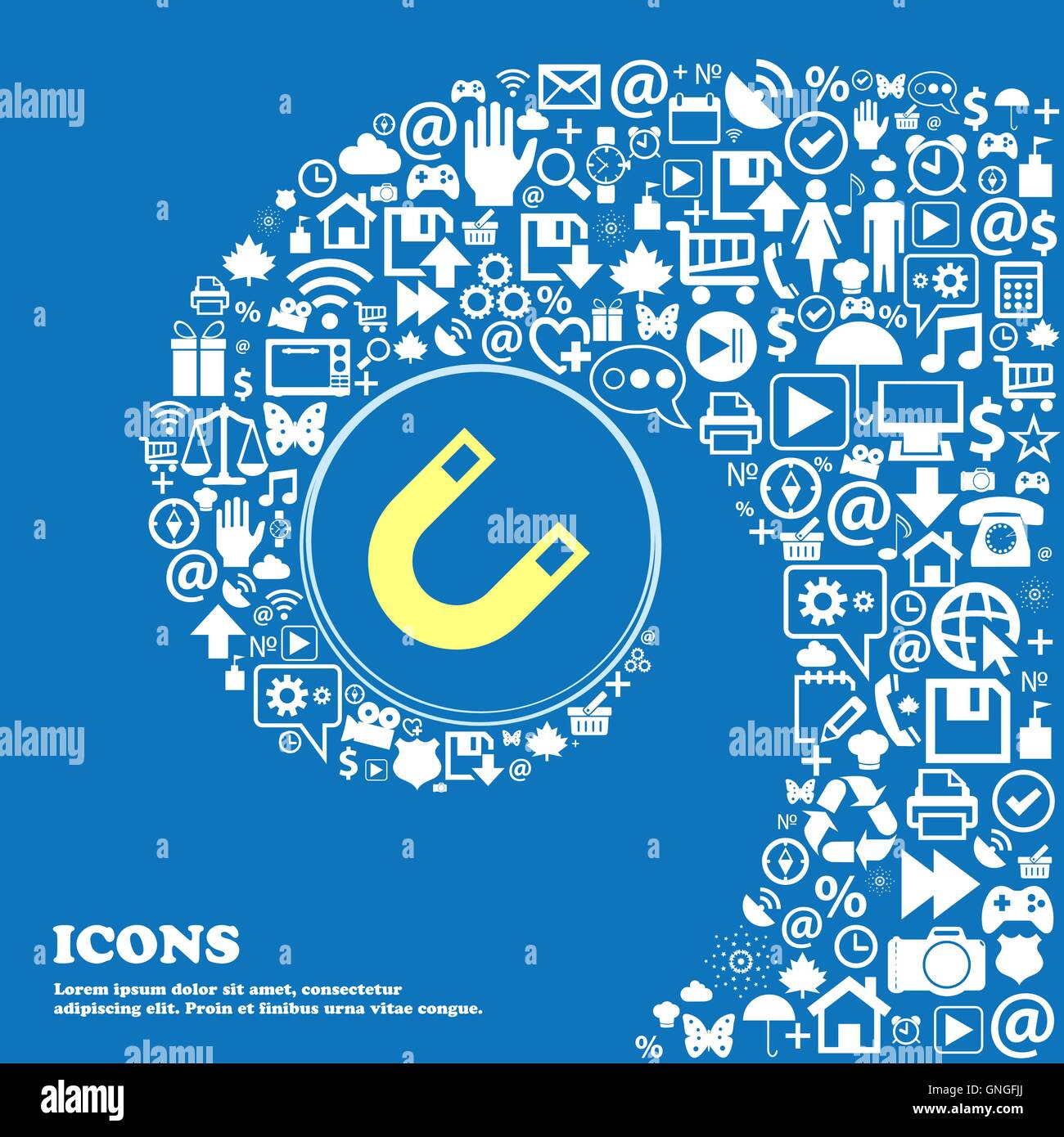 Il magnete a ferro di cavallo simbolo del segno. Bella serie di belle icone spirale intrecciata nel centro di una grande icona. Vettore Illustrazione Vettoriale