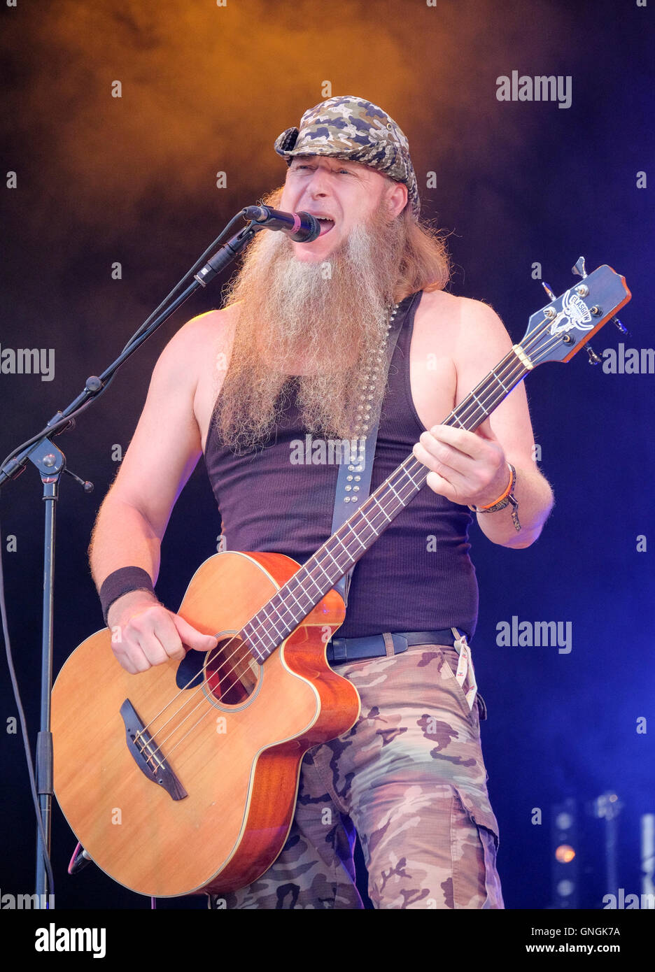 Jake Bakesnake Byers di Hayseed Dixie effettuando in corrispondenza di Fairport Cropredy della convenzione, Banbury, Inghilterra, Regno Unito. Agosto 11, 2016 Foto Stock