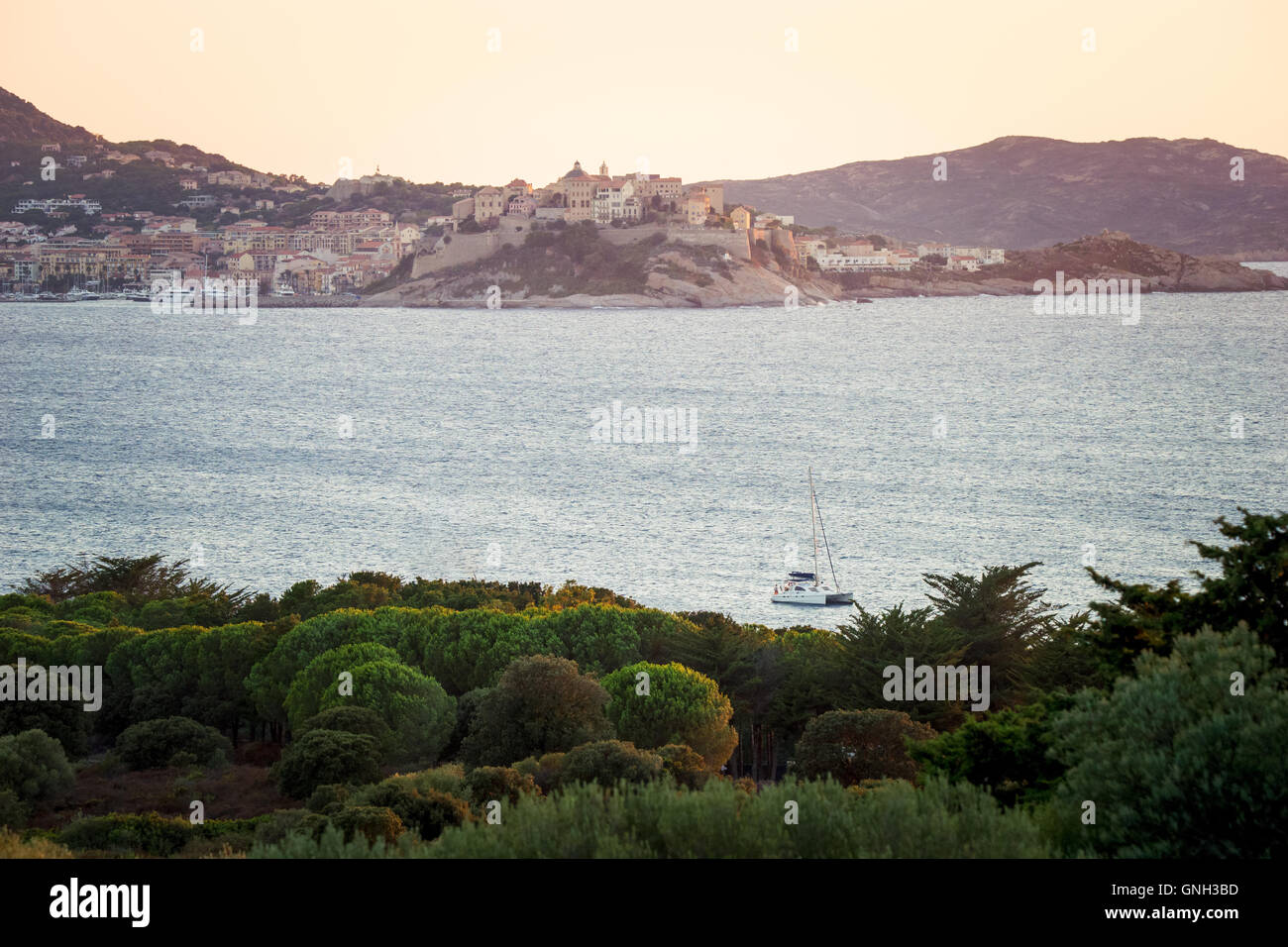Vista al tramonto della città di Calvi, in Corsica, Francia Foto Stock