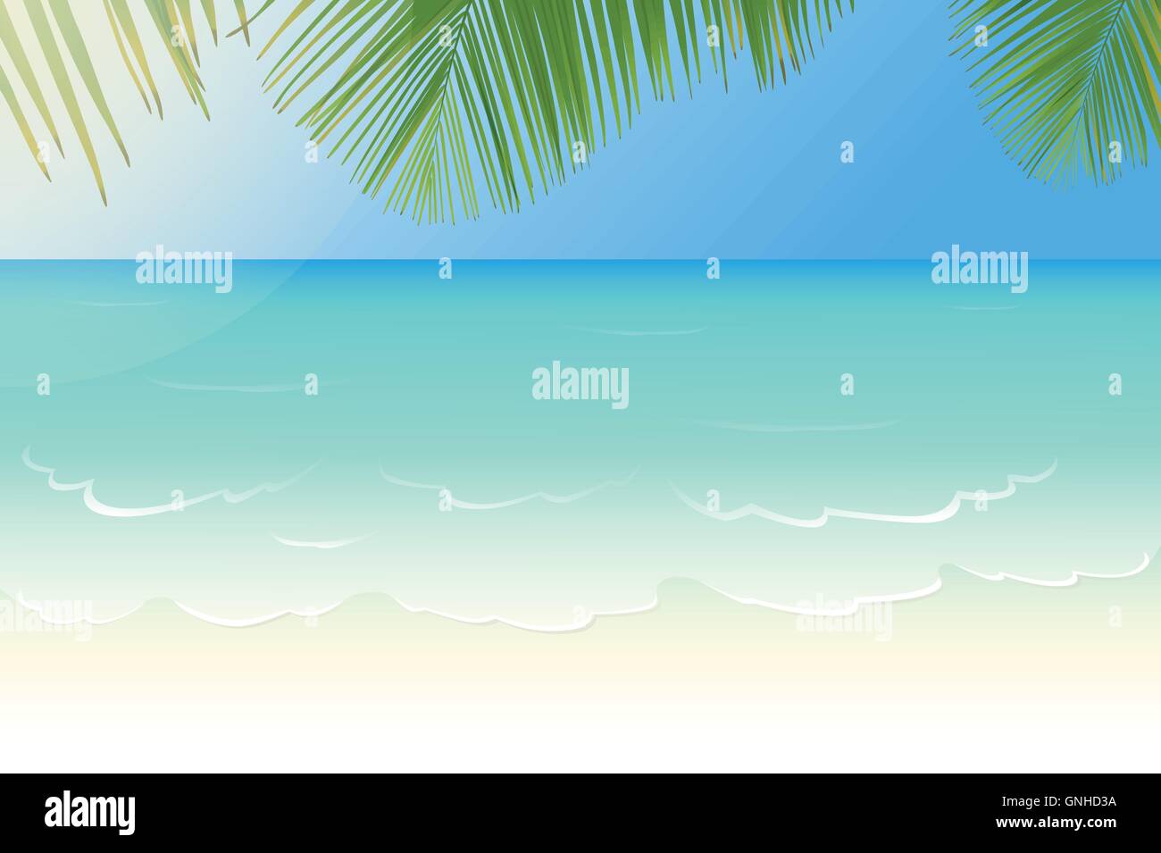 Spiaggia di sabbia bianca con un mare cristallino e Palma foglie illustrazione vettoriale Illustrazione Vettoriale