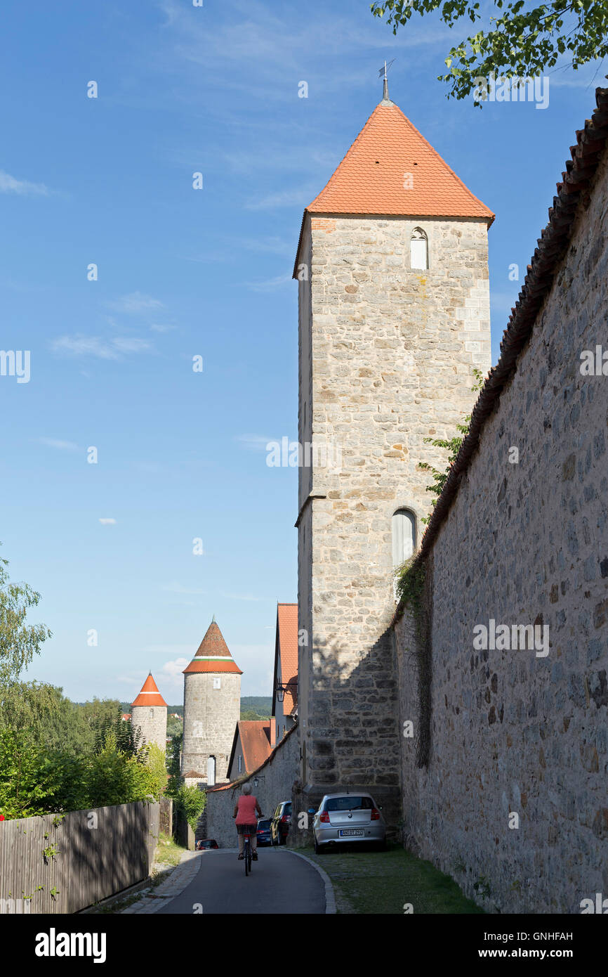 Krugsturm, Hertelsturm, Hagelturm, città vecchia, Dinkelsbuehl, Franconia centrale, Baviera, Germania Foto Stock