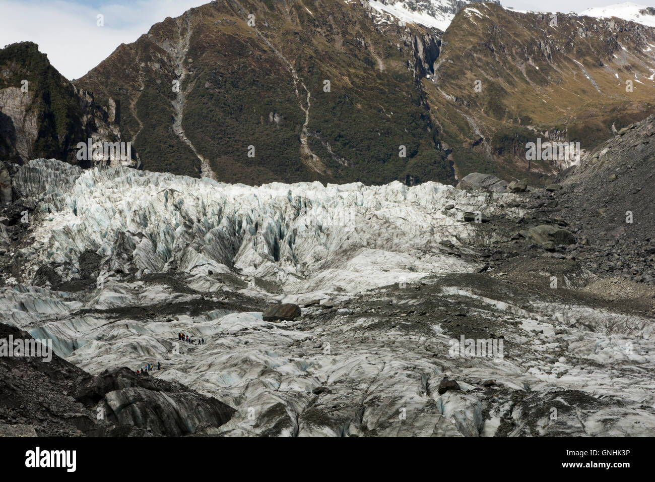 Sulla parte superiore del ghiacciaio Fox nelle Alpi del Sud della Nuova Zelanda sono turistiche guidate in itinerari spettacolari. Foto Stock