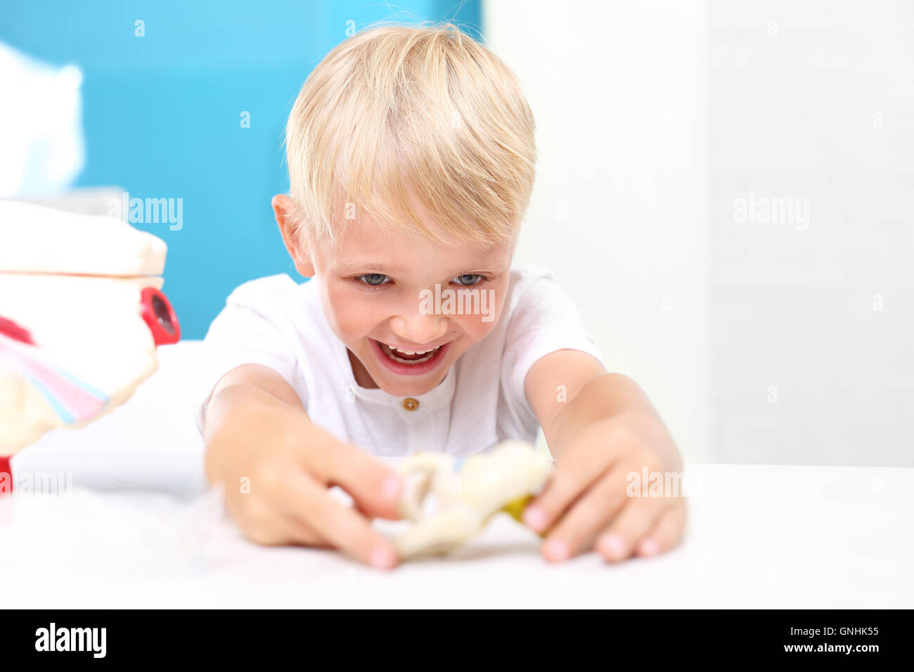 Gli studenti lezione Anatomia. Bambini Watch un modello dell'orecchio umano. Foto Stock