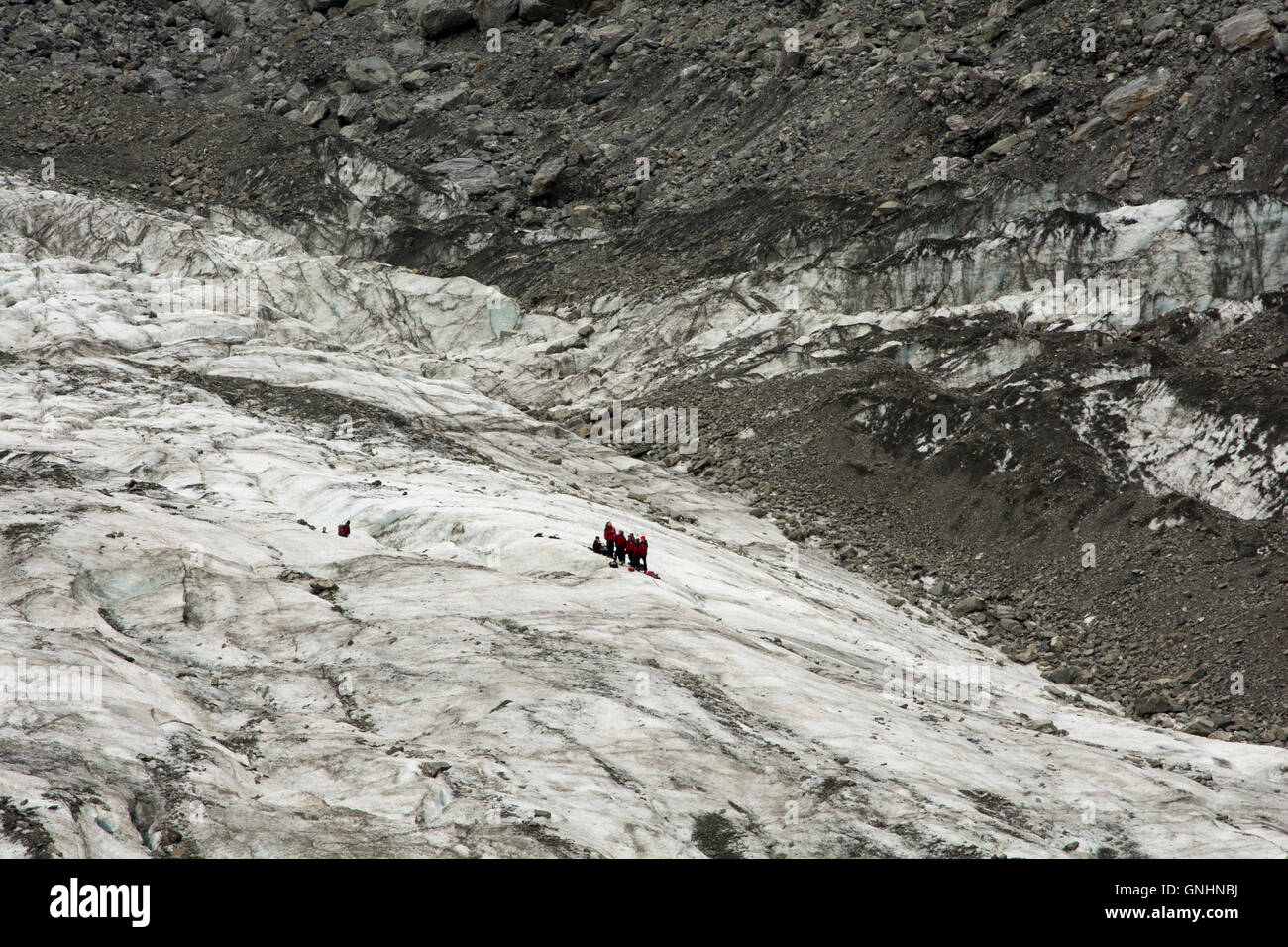 Sulla parte superiore del ghiacciaio Fox nelle Alpi del Sud della Nuova Zelanda sono turistiche guidate in itinerari spettacolari. Foto Stock
