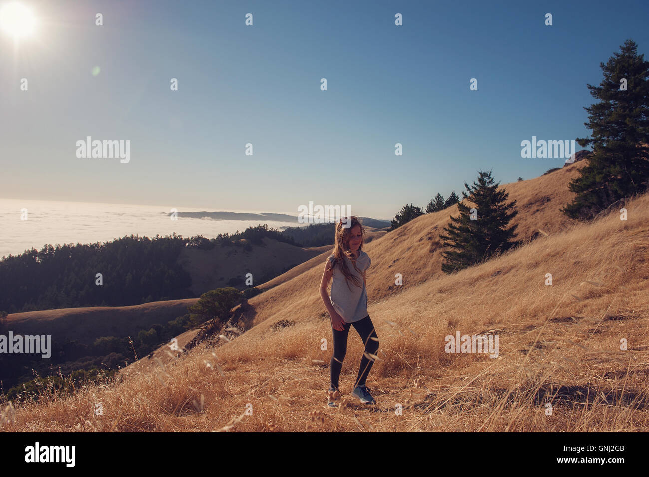 Girl trekking in montagna, Monte Tamalpais, California, Stati Uniti Foto Stock