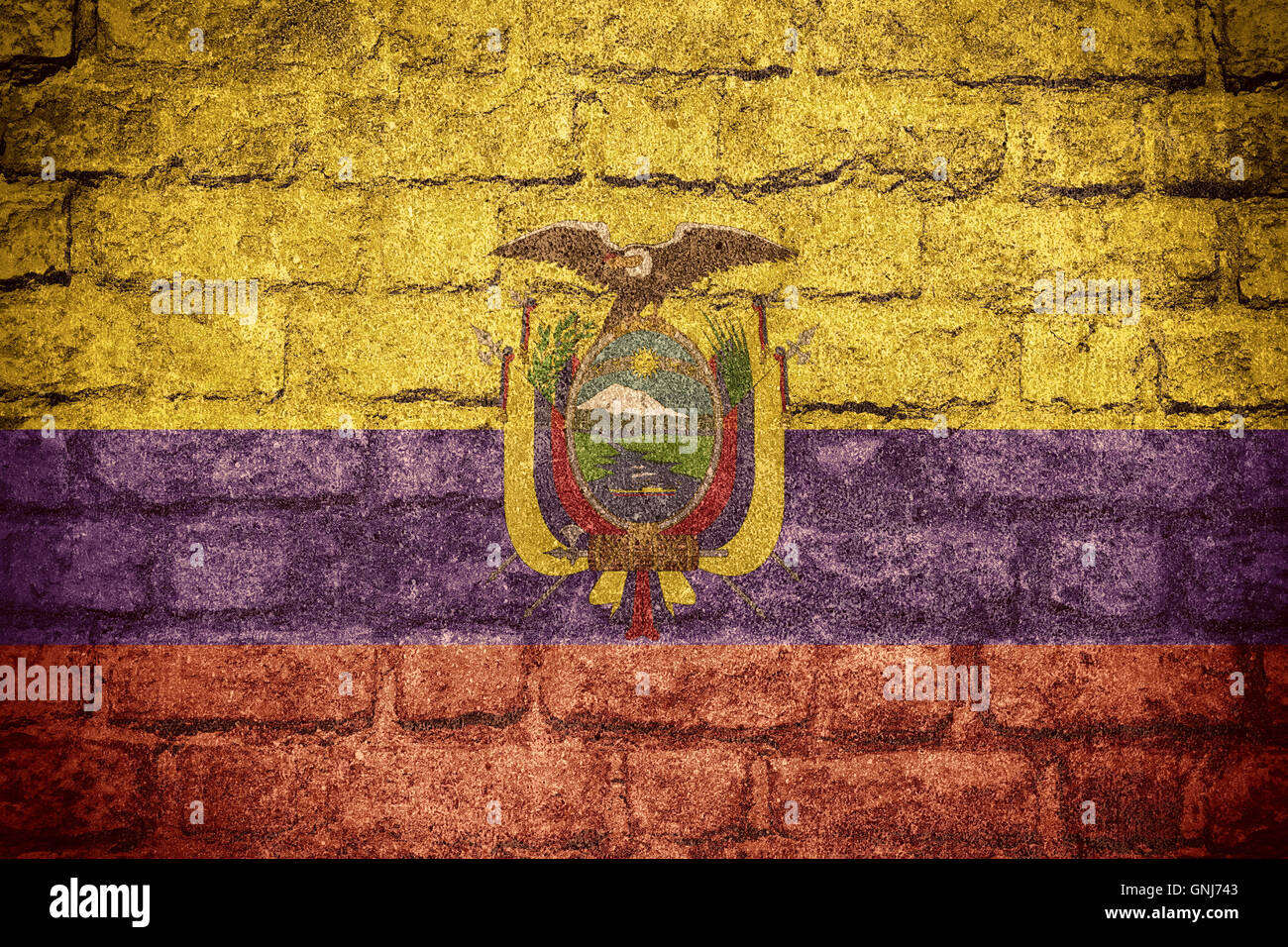 Bandiera dell'Ecuador o banner ecuadoriana sulla texture di mattoni Foto Stock