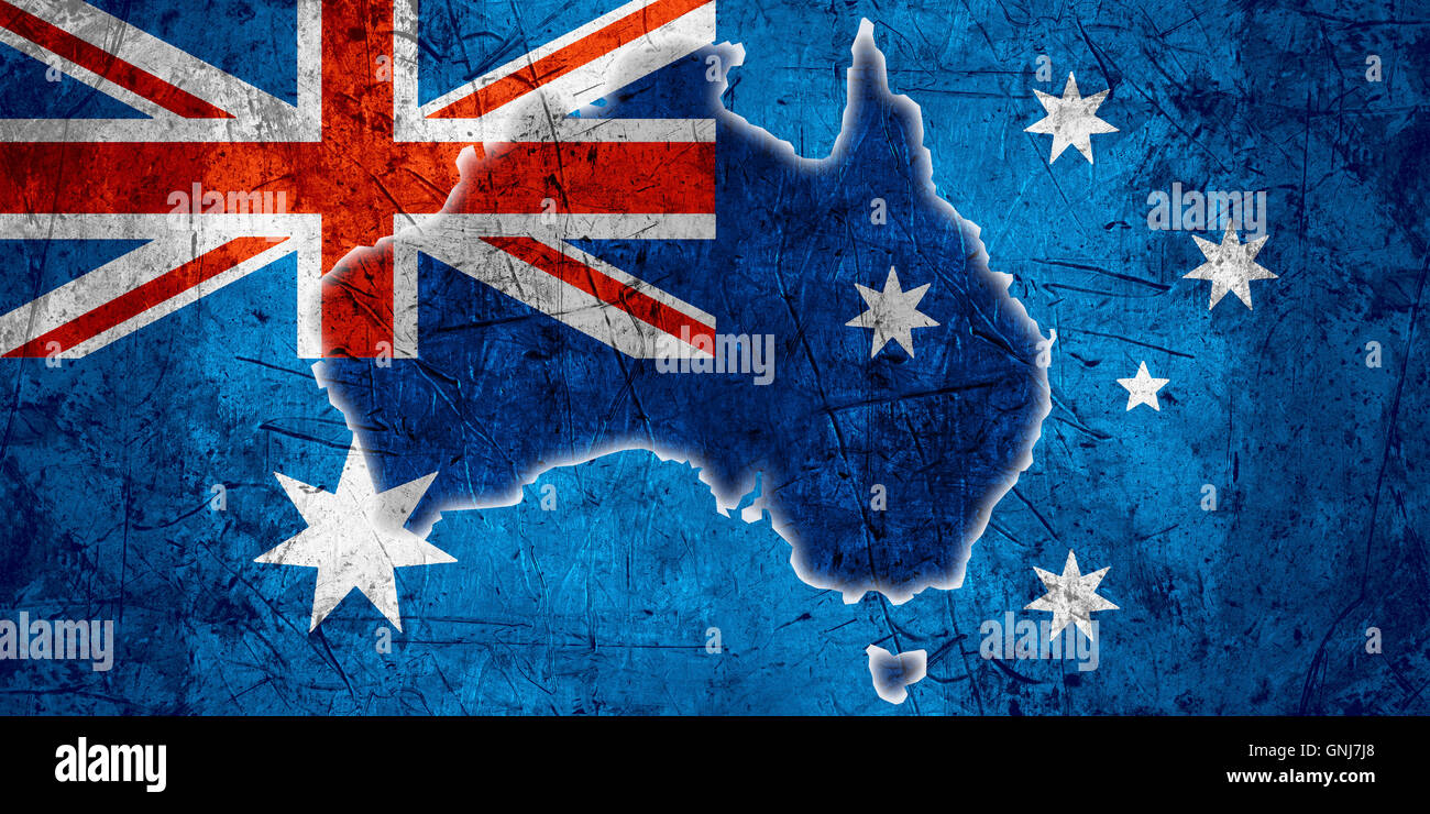Bandiera dell'Australia o mappa australiano sul modello ruvida sfondo in metallo Foto Stock