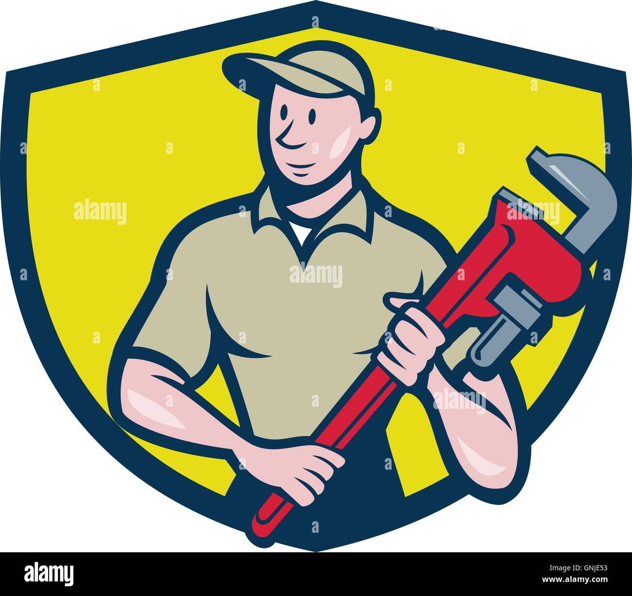 Plumber Holding Monkey Wrench Crest Cartoon Illustrazione Vettoriale