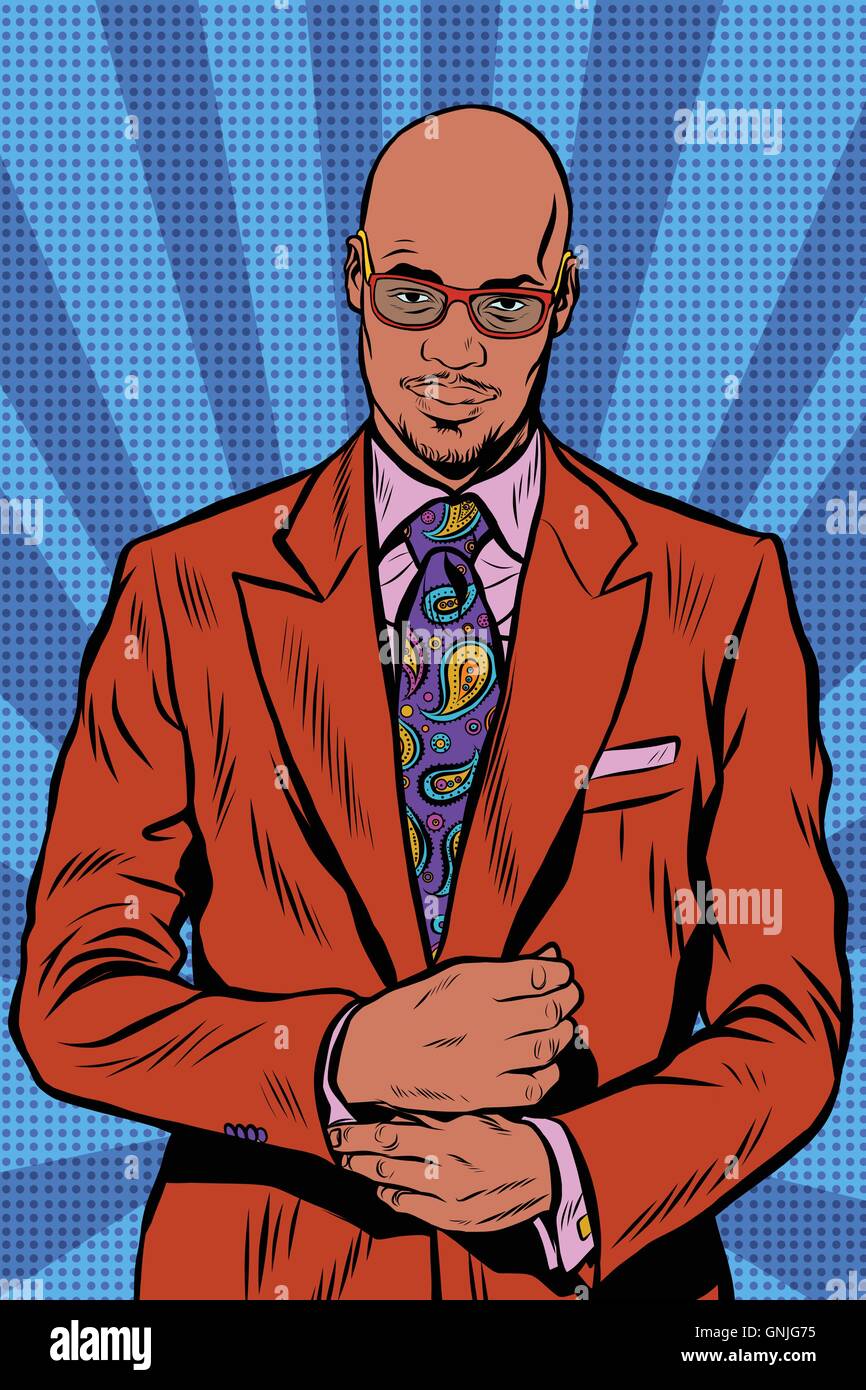 Retrò hipster americano africano, uomo nero, elegante abito e cantato Illustrazione Vettoriale