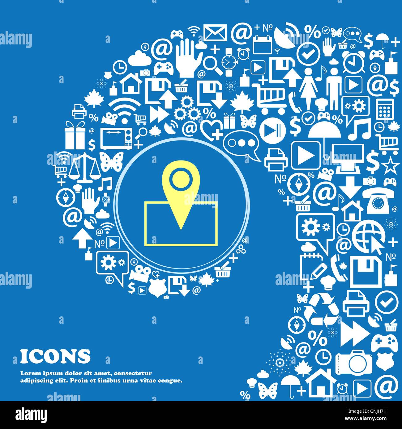 Mappa icona del puntatore segno . Bella serie di belle icone spirale intrecciata nel centro di una grande icona. Vettore Illustrazione Vettoriale