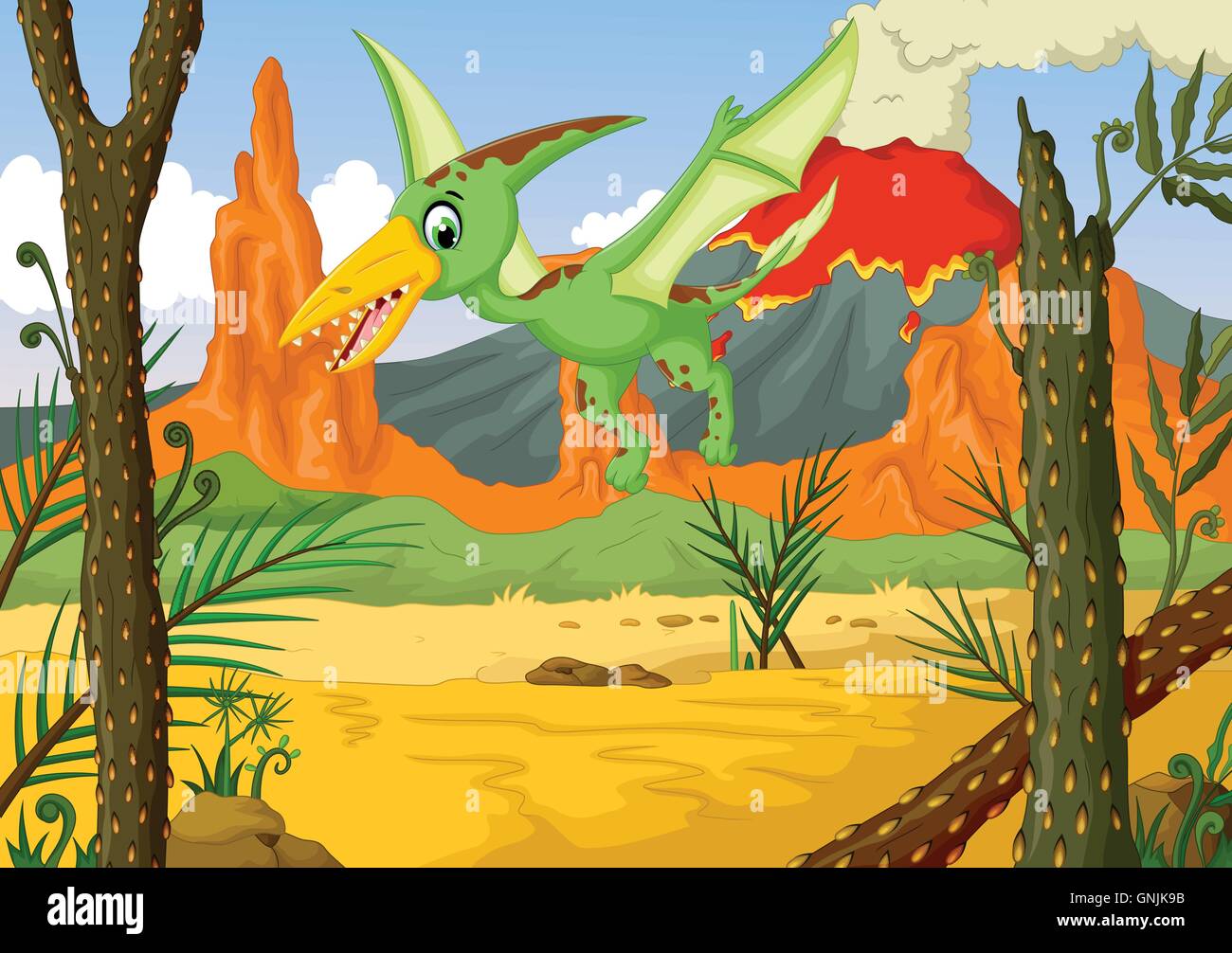 Funny pterodactyl cartoon battenti con il vulcano sullo sfondo del paesaggio Illustrazione Vettoriale