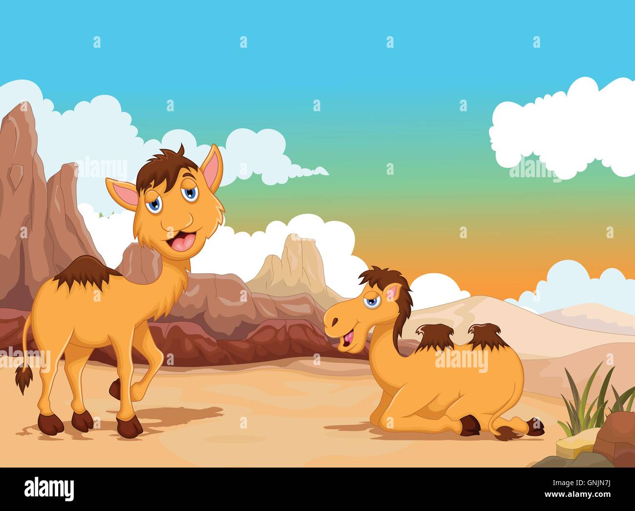 Due divertenti cartoon cammello nel deserto con lo sfondo del paesaggio Illustrazione Vettoriale