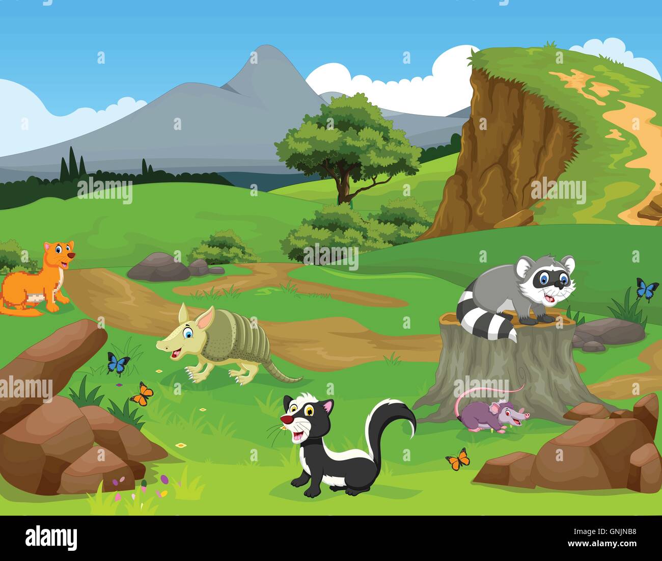 Funny cartoon animale nella giungla con lo sfondo del paesaggio Illustrazione Vettoriale