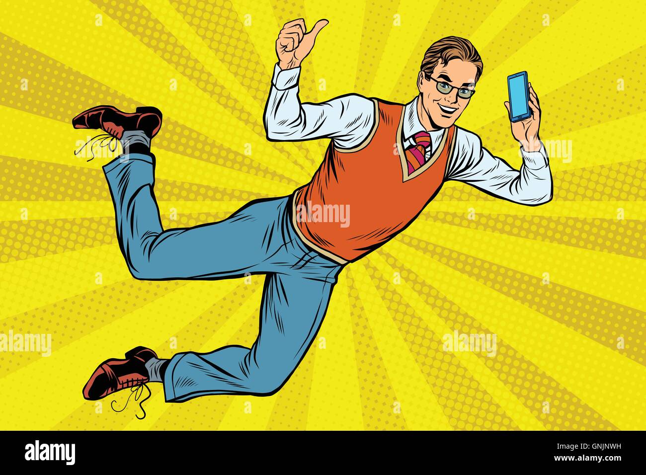 Flying hipster con uno smartphone Illustrazione Vettoriale