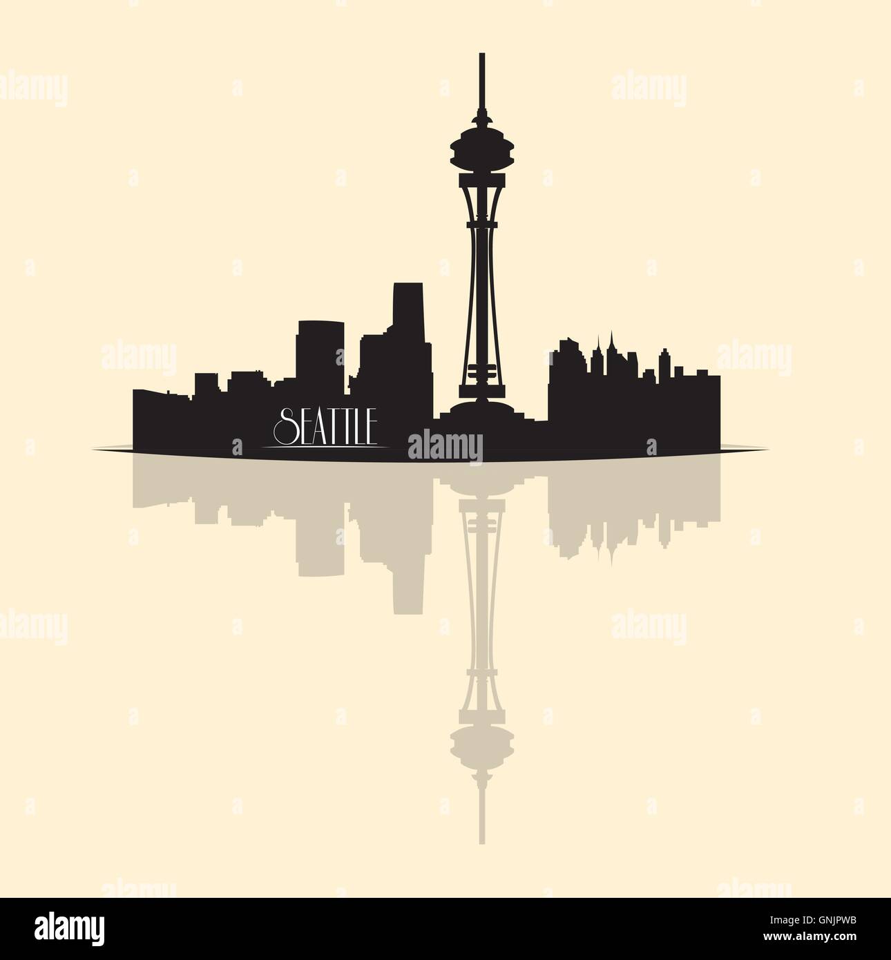 Isolato skyline di Seattle con una riflessione su uno sfondo bianco Illustrazione Vettoriale