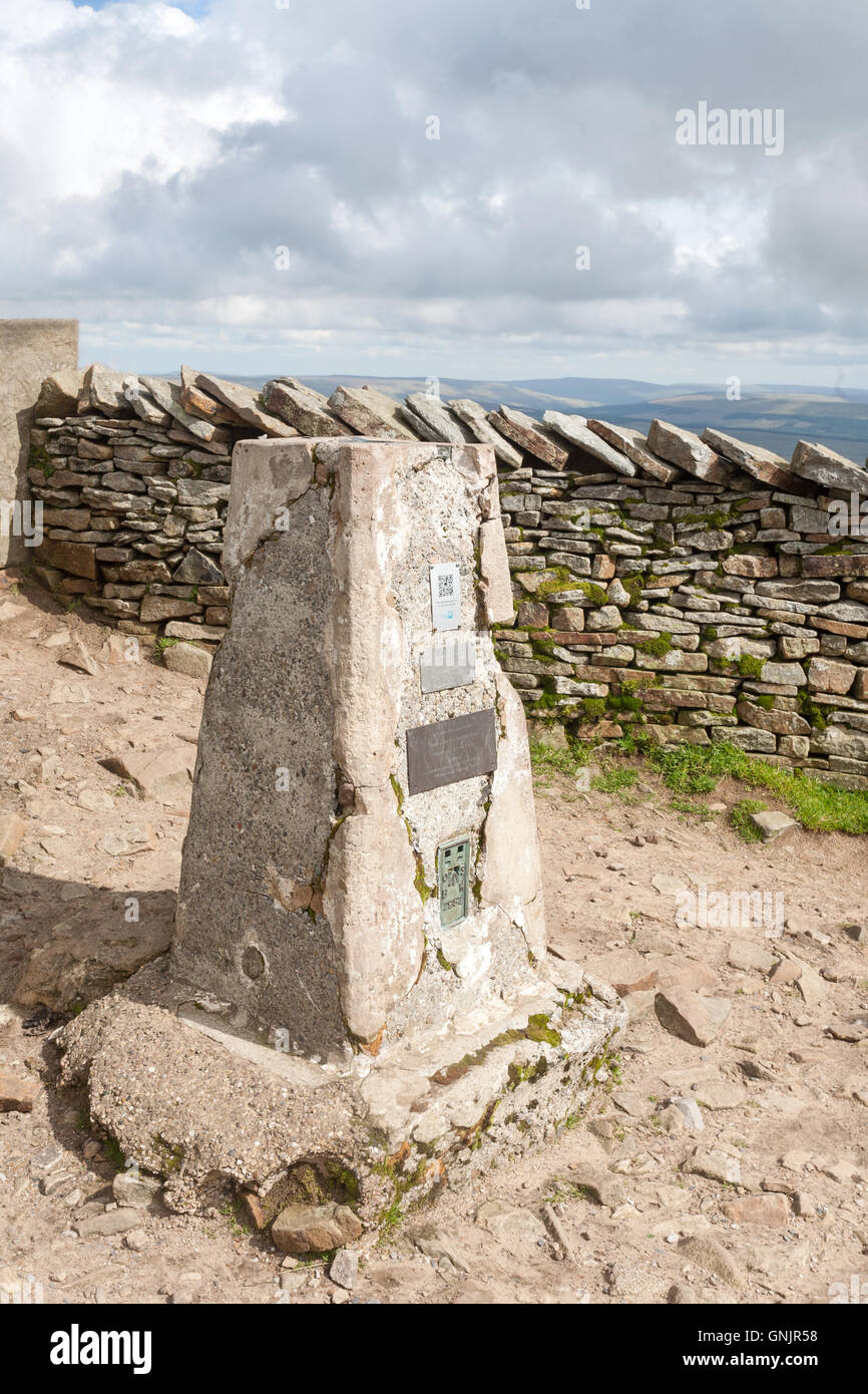 Trig punto sulla sommità del Whernside, Yorkshire Dales National Park Foto Stock