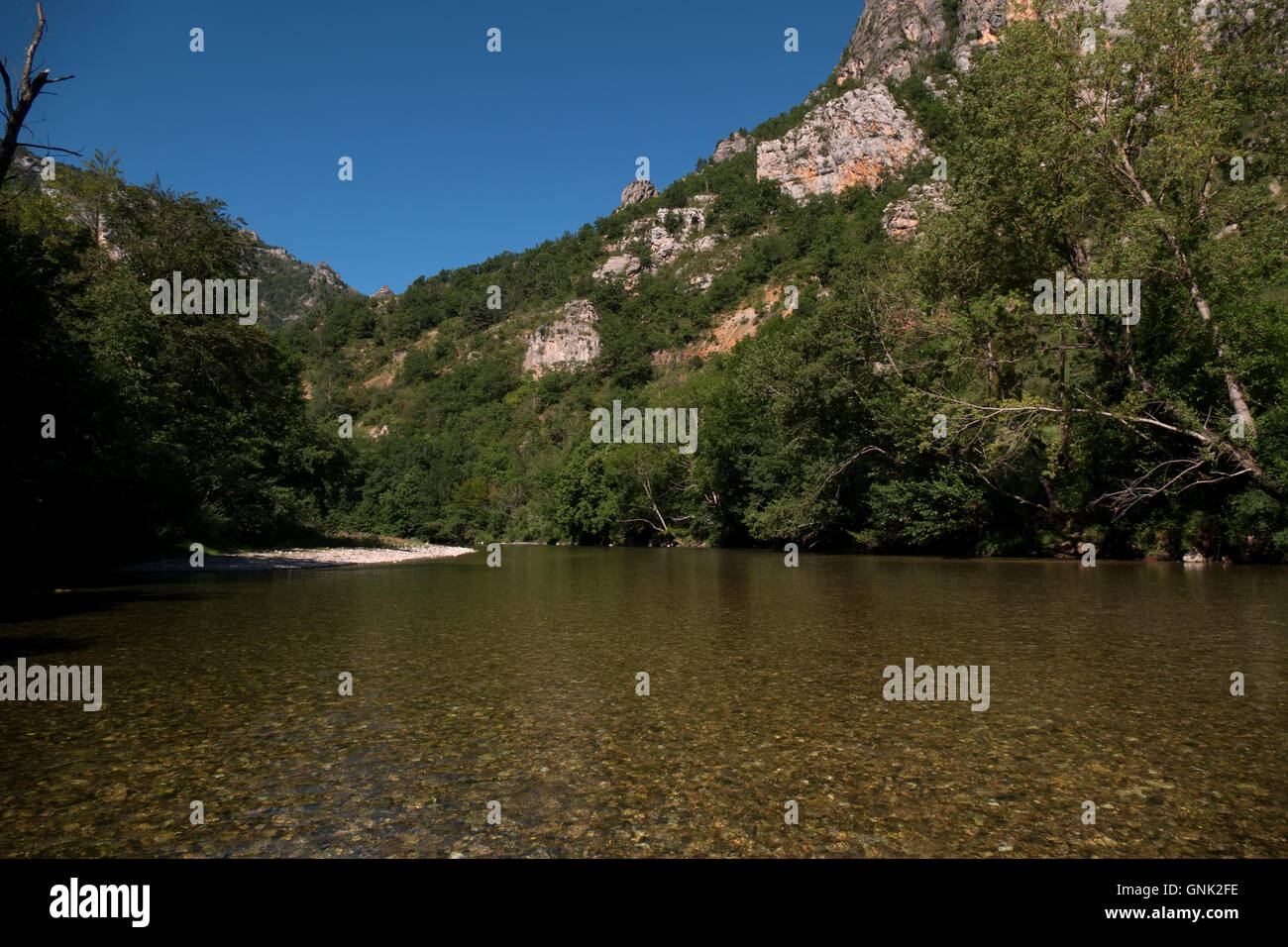 Escursione in barca lungo il Gorges du Tarn nel sud della Francia. Francese natural paesaggio con fiume, canyon, Montagne, acqua cristallina Foto Stock