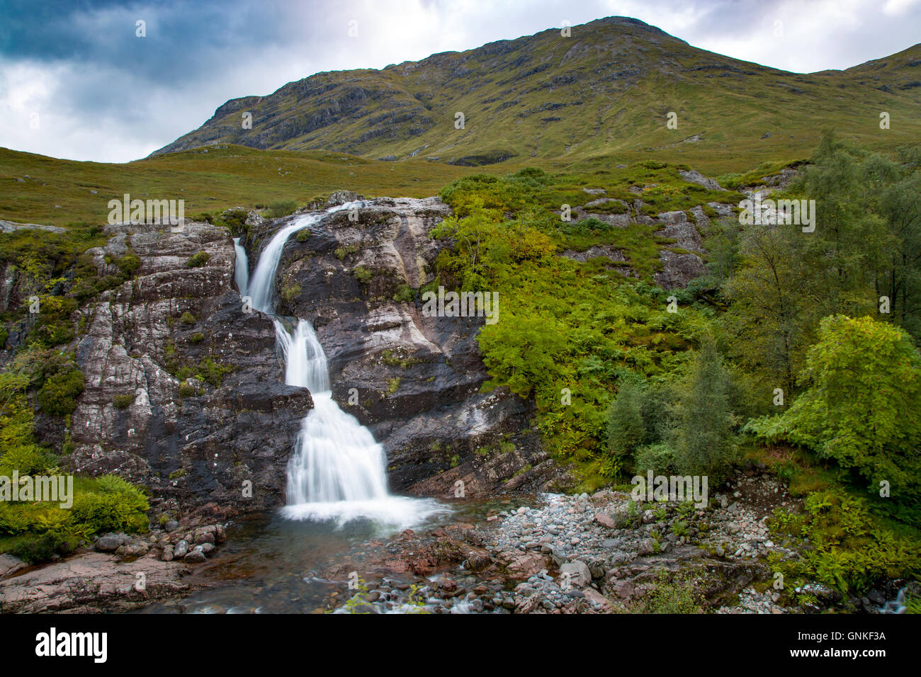 Incontro dei tre cascate di acque vicino a Glencoe, Argyll and Bute regione, Highlands, Scozia Foto Stock