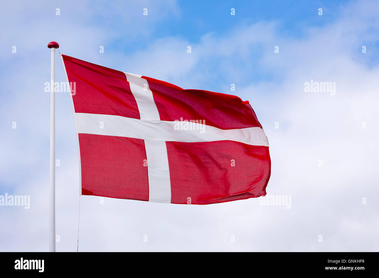 Bandiera danese sul pennone in Danimarca Foto Stock