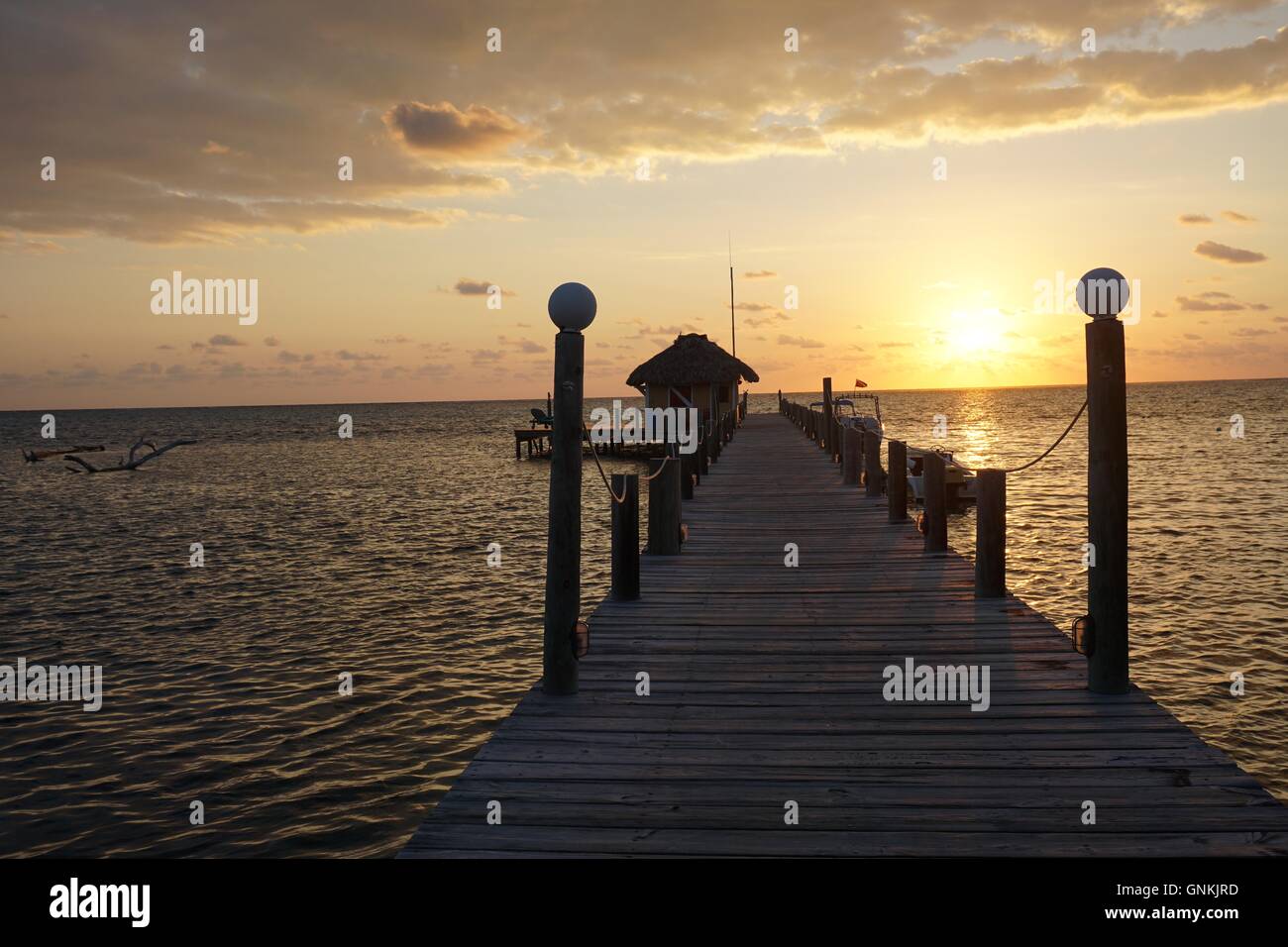 Pontile con tramonto sull'oceano dei Caraibi. Ambergris Caye Belize. Foto Stock