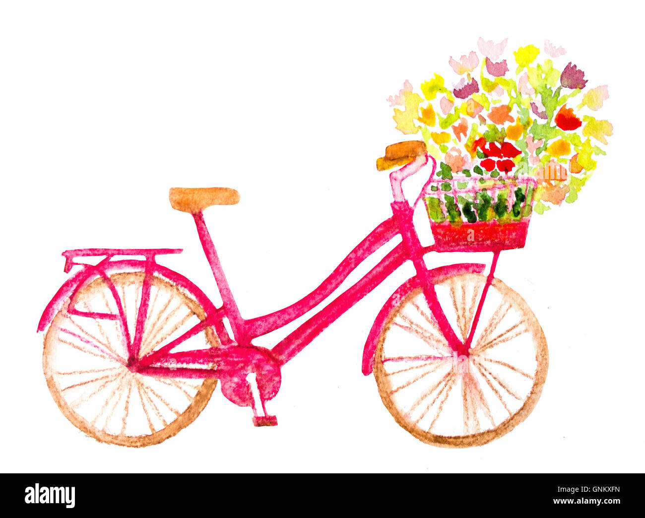 Acquarello dipinto a mano bicicletta con fiori su bianco Foto Stock