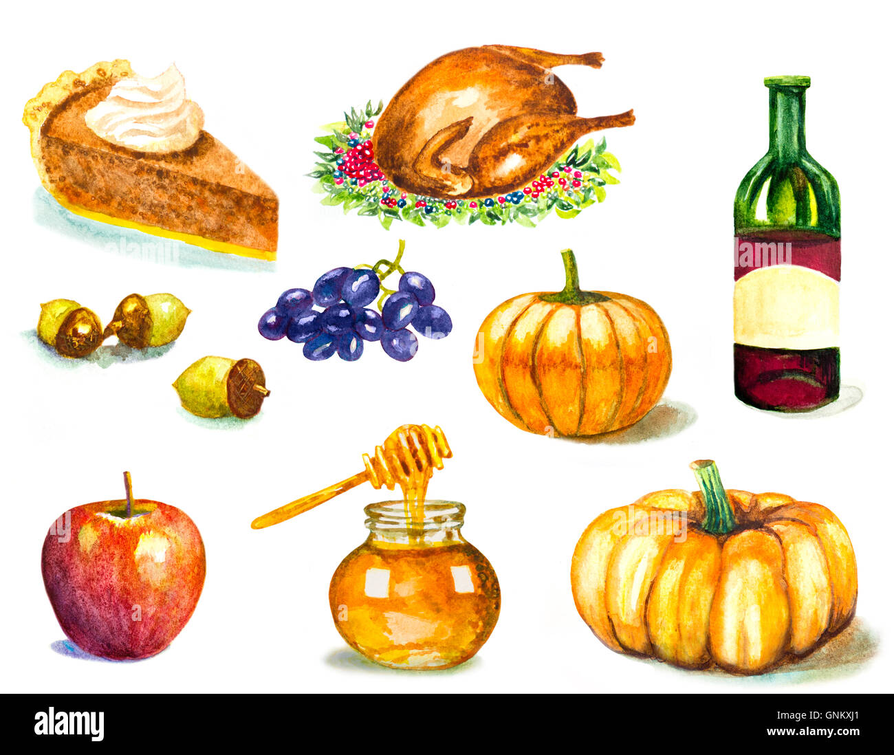 Simboli di ringraziamento impostato su bianco. acquarello dipinto a mano illustrazione Foto Stock